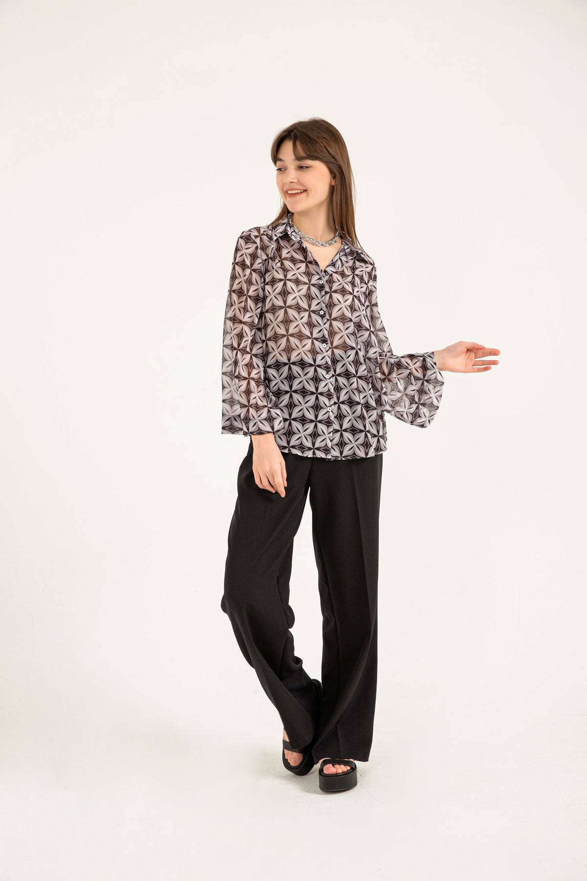 Chiffon Fabric Long Sleeve Full Fit Floral Print Women Shirt - Black