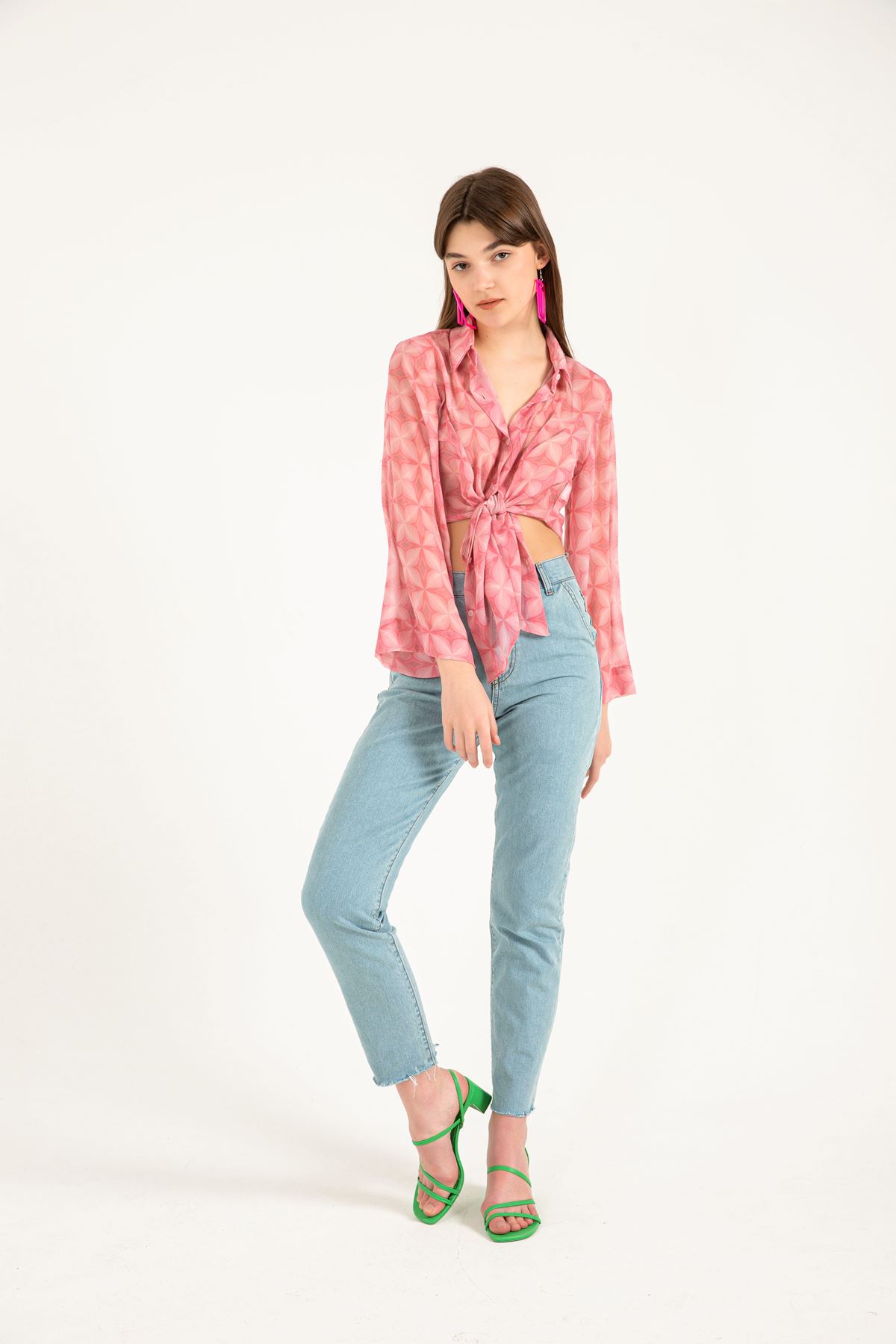 Chiffon Fabric Long Sleeve Full Fit Floral Print Women Shirt - Pink