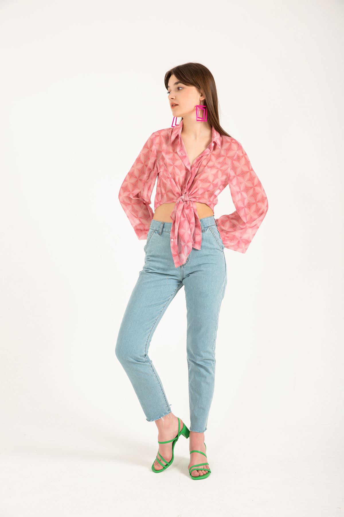 Chiffon Fabric Long Sleeve Full Fit Floral Print Women Shirt - Pink