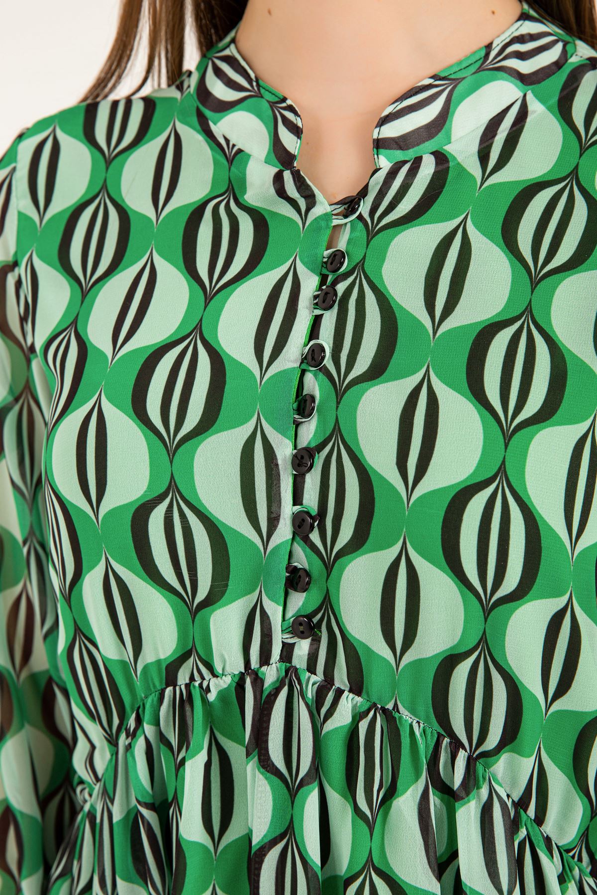 فستان نسائي قماش شيفون ياقة قصيرة طول الورك - اخضر