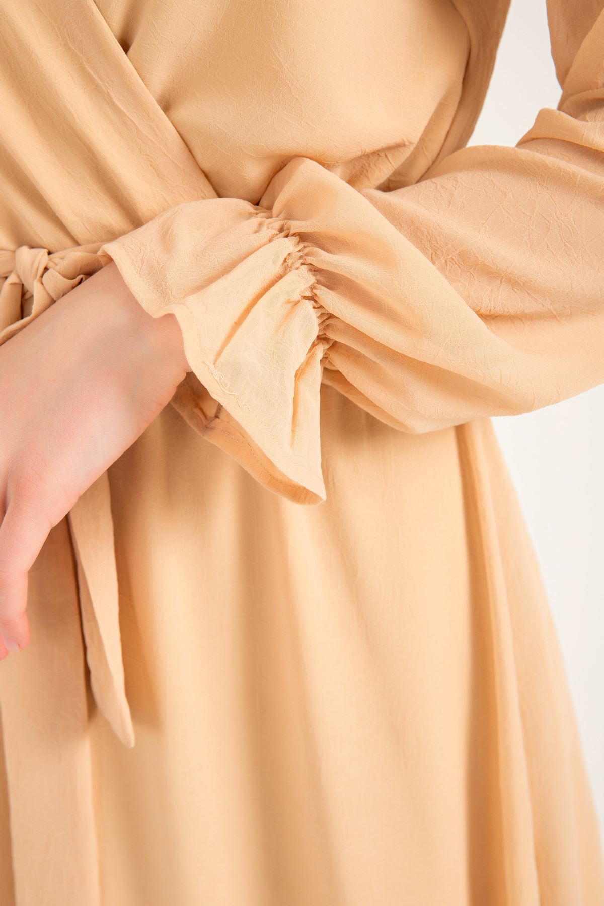 Chiffon Fabric V Neck Long Wrap Women Dress - Beige 