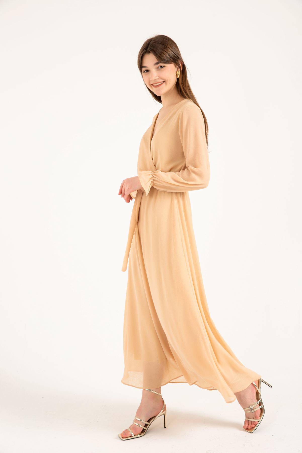 Chiffon Fabric V Neck Long Wrap Women Dress - Beige 