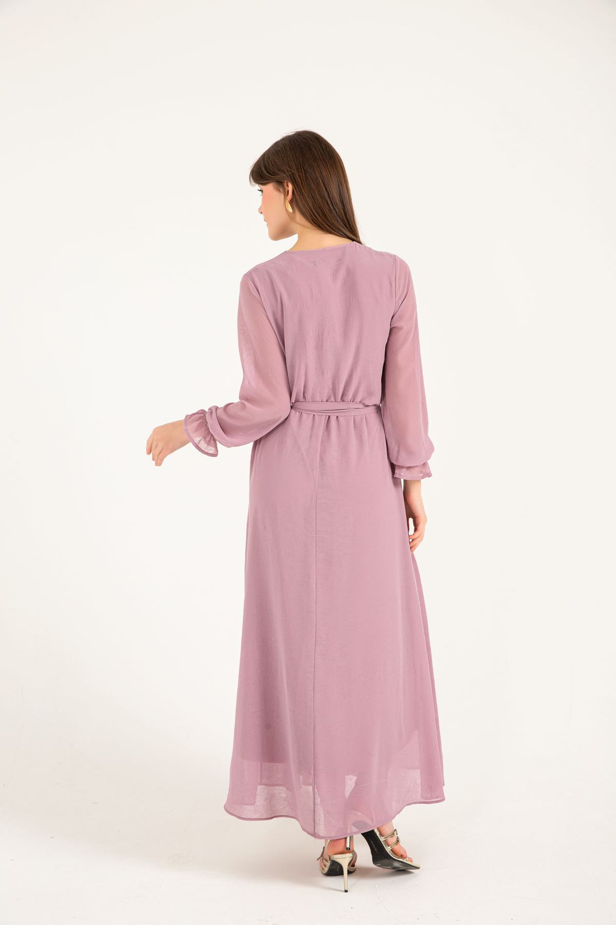 Chiffon Fabric V Neck Long Wrap Women Dress - Lilac