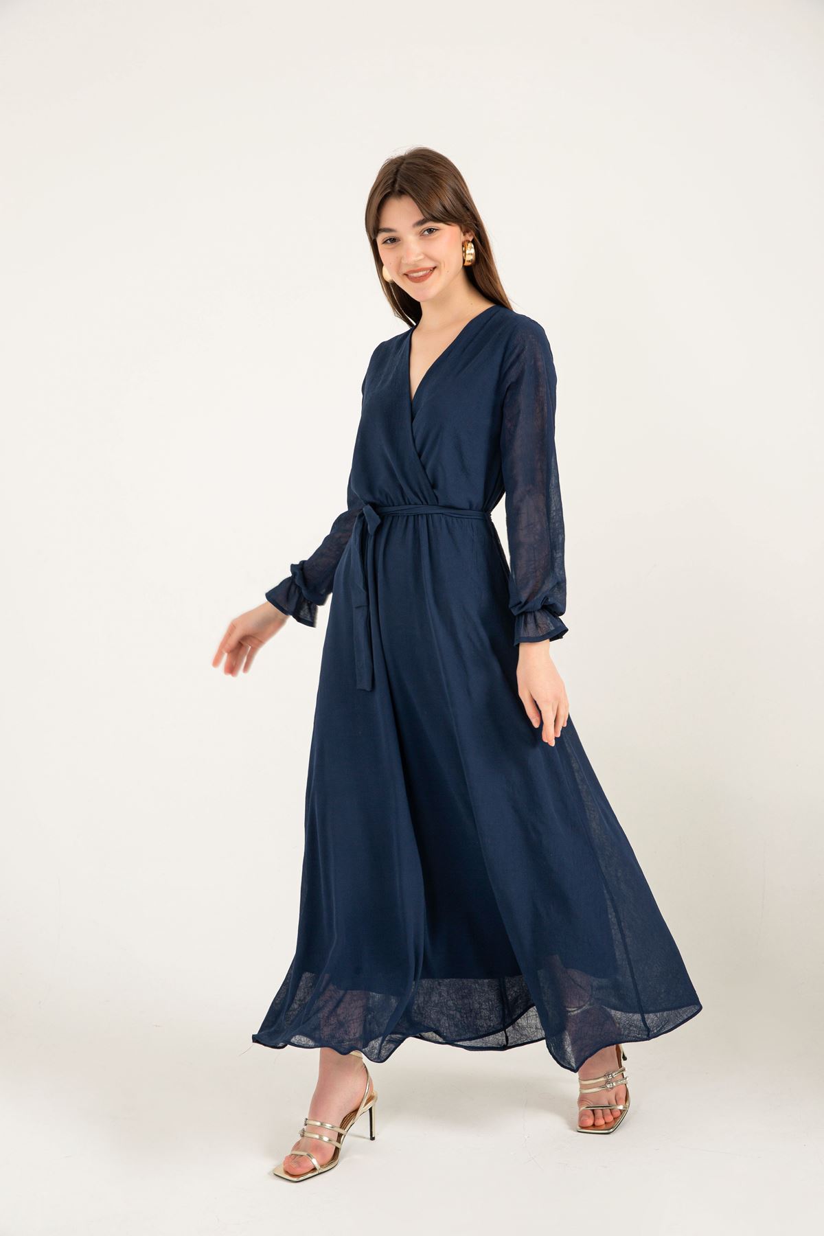 فستان نسائي قماش شيفون ياقةV فستان طويل - ازرق غامق