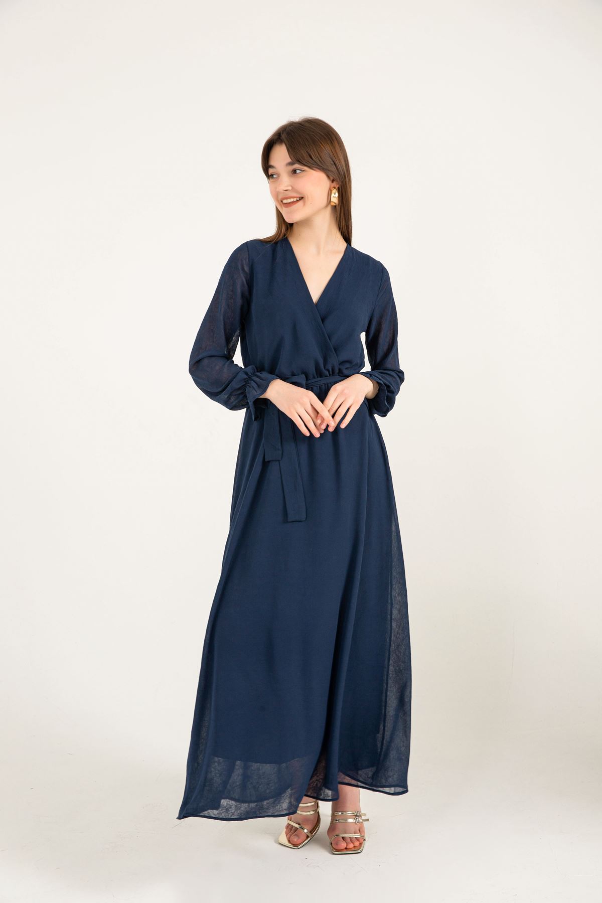 Chiffon Fabric V Neck Long Wrap Women Dress - Navy 
