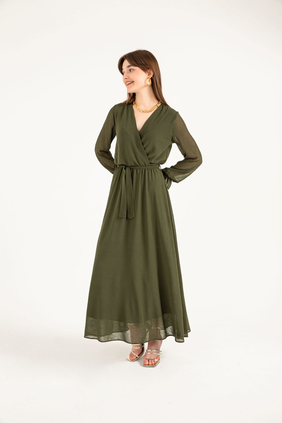 Chiffon Fabric V Neck Long Wrap Women Dress - Khaki 