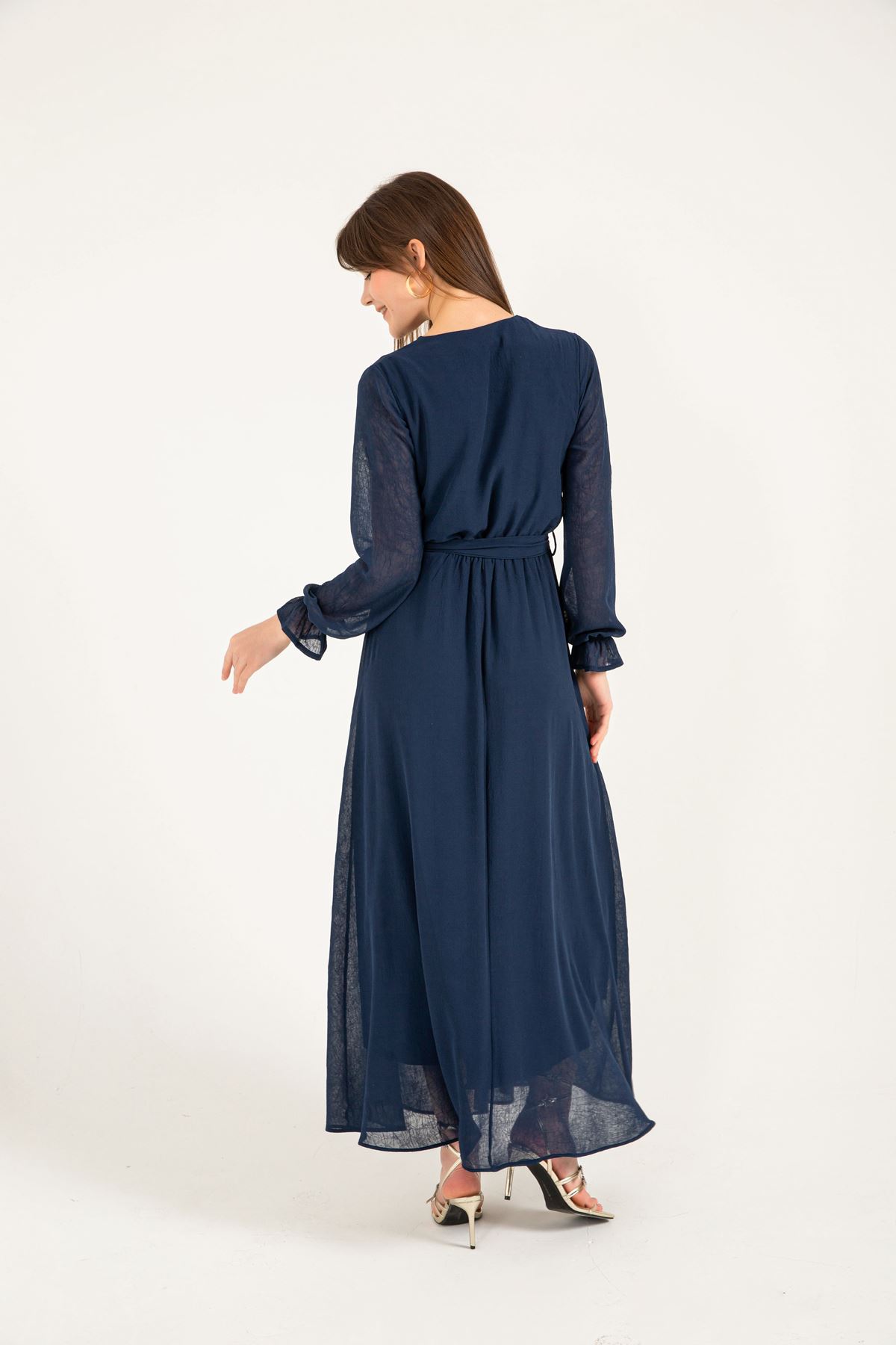 Chiffon Fabric V Neck Long Wrap Women Dress - Navy 