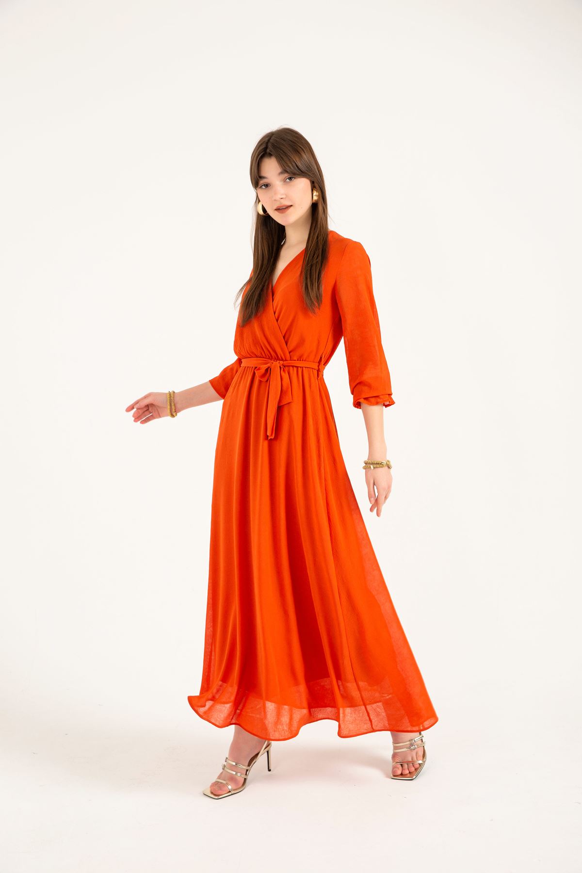 Chiffon Fabric V Neck Long Wrap Women Dress - Orange