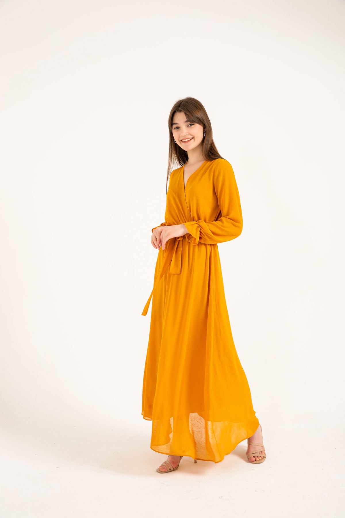 Chiffon Fabric V Neck Long Wrap Women Dress - Mustard