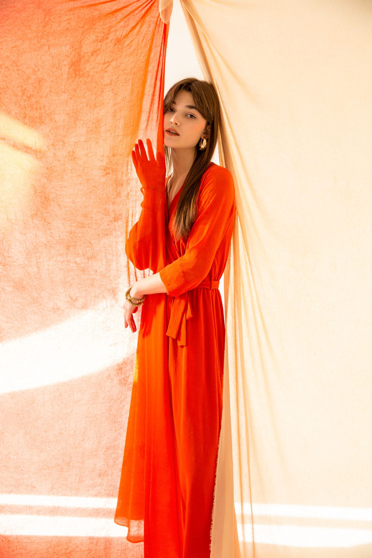 шифон ткань на запах длинное женское платье-Оранжевый