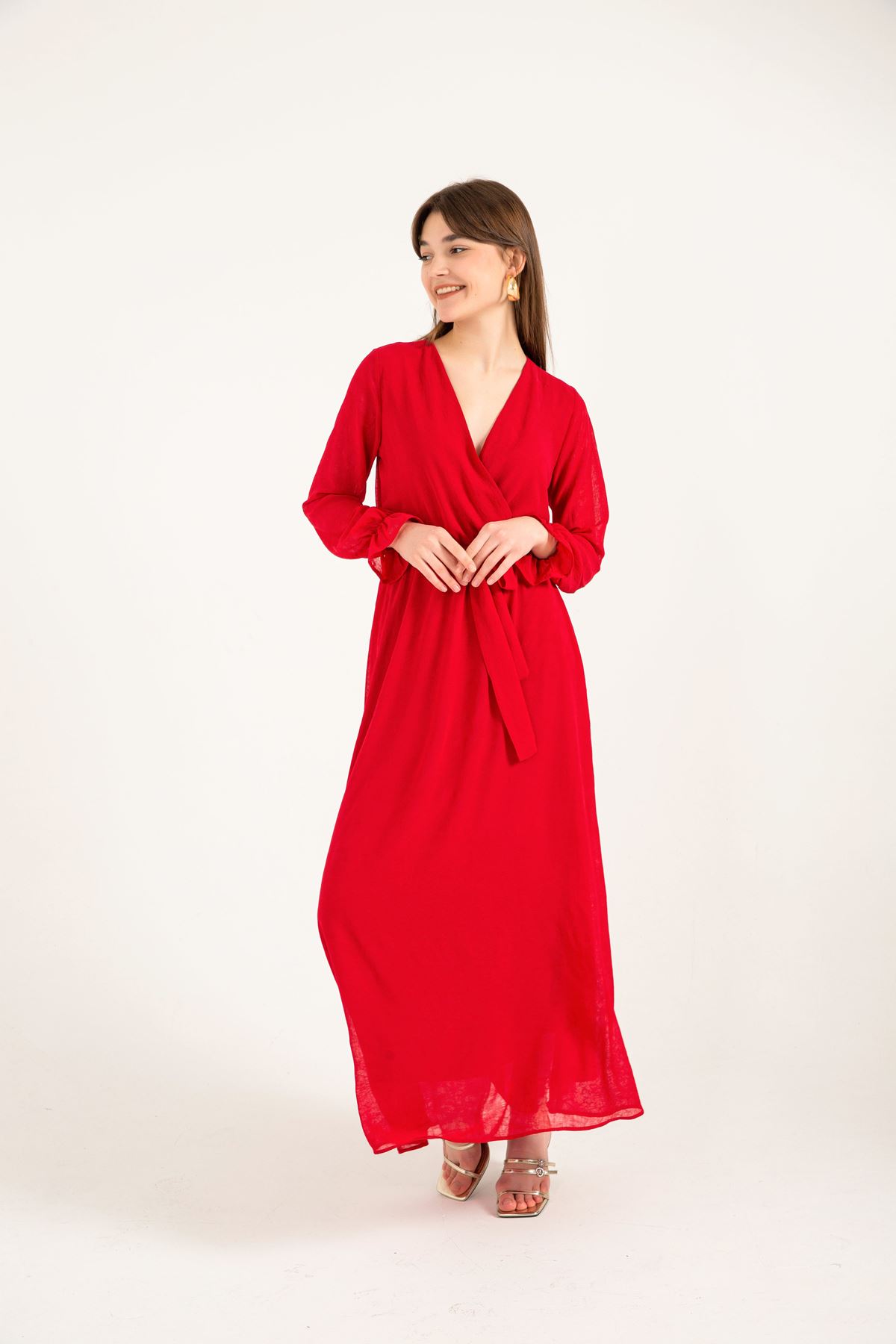 Chiffon Fabric V Neck Long Wrap Women Dress - Red
