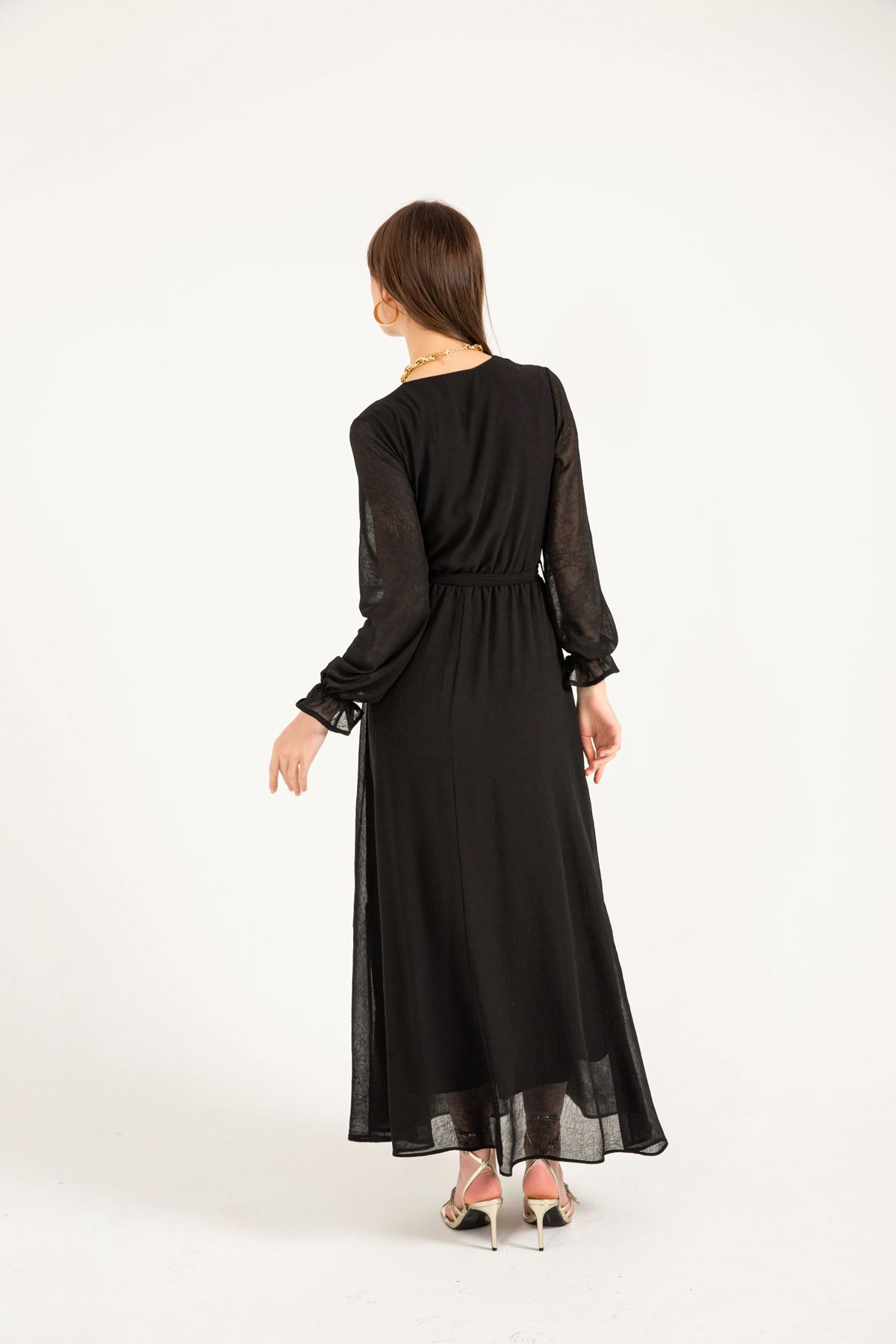Chiffon Fabric V Neck Long Wrap Women Dress - Black