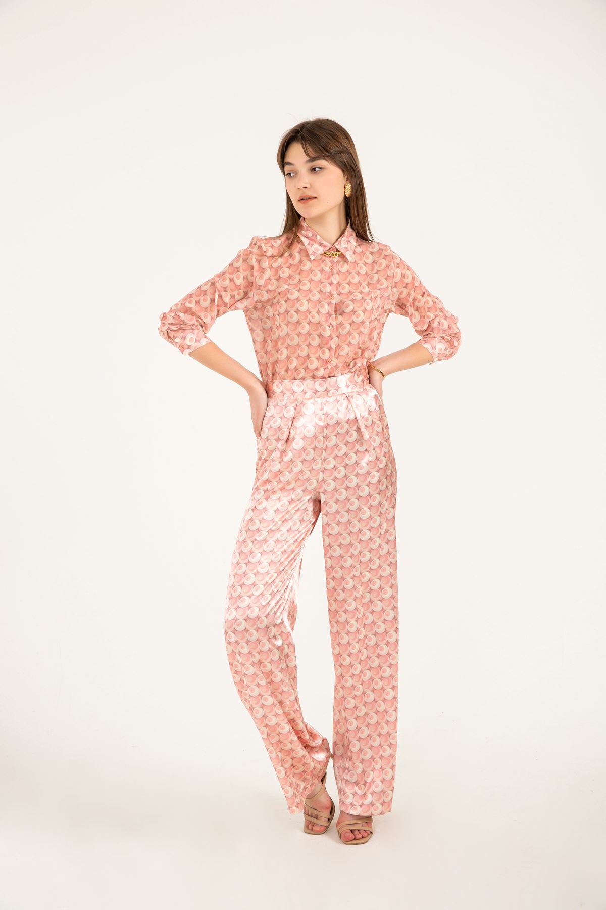 Chiffon Fabric Hip Height Full Fit Geometric Pattern Women Shirt - Pink
