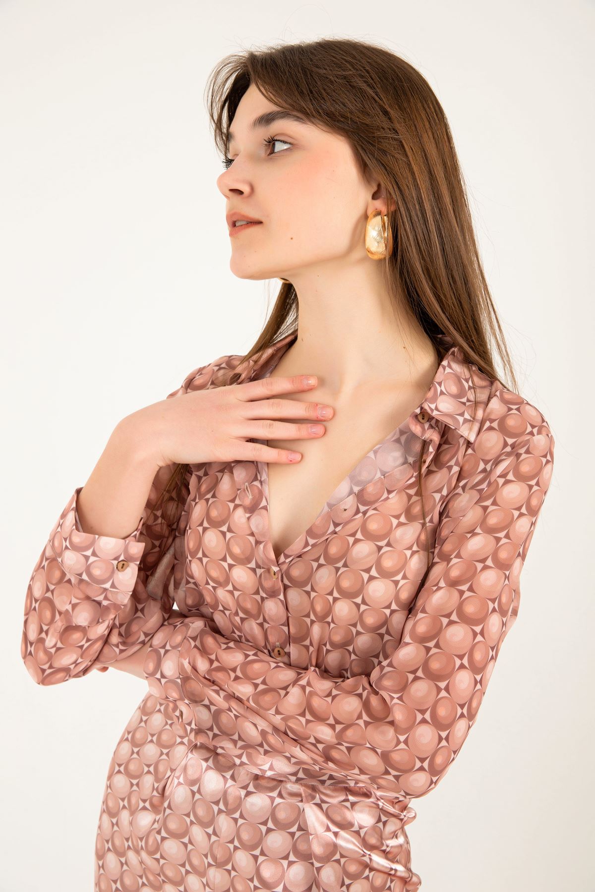 шифон ткань геометрический принт женская рубашка-Коричневый