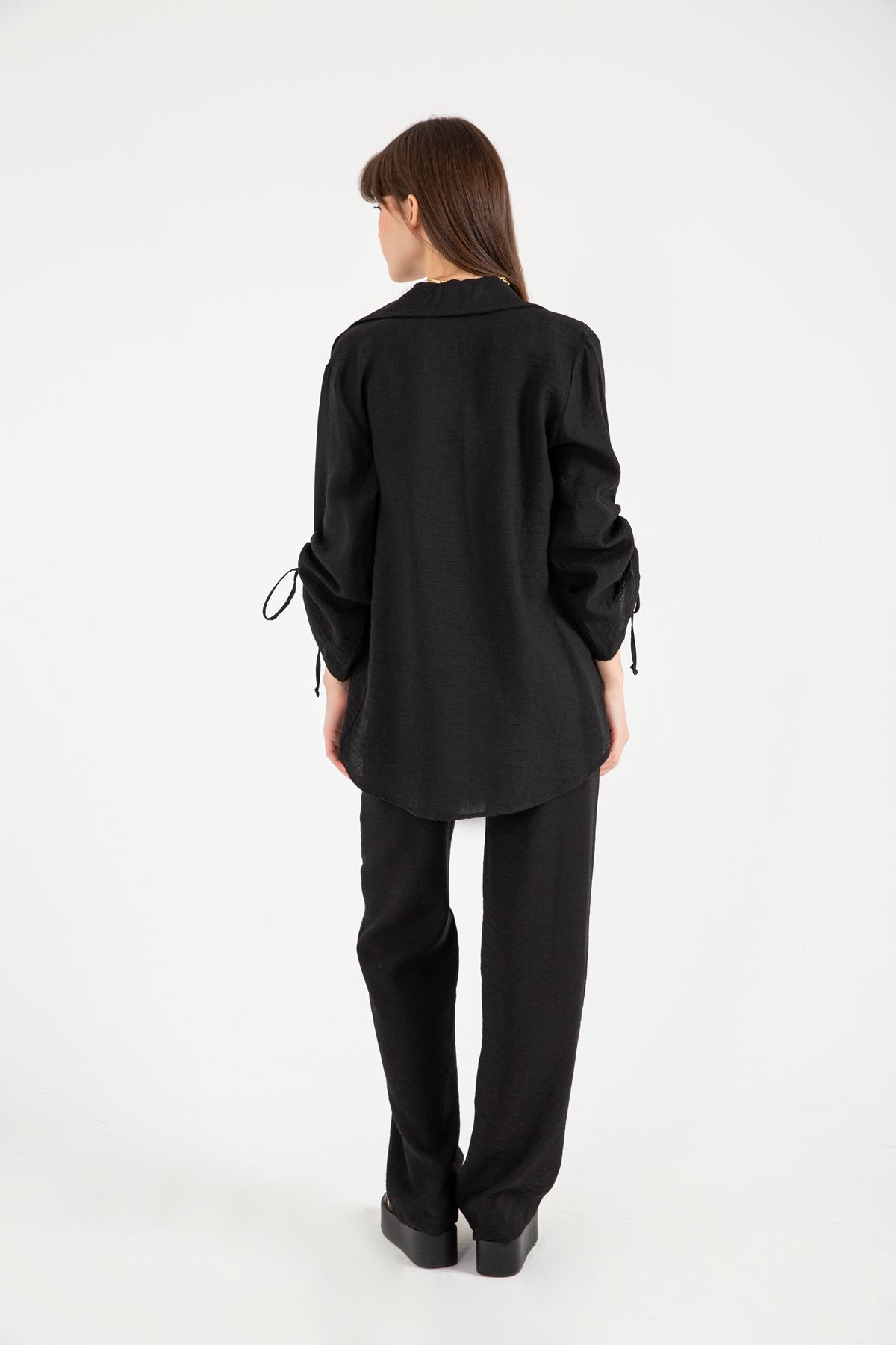 Linen Fabric Sleeve Detailed Oversize Women Shirt - Black