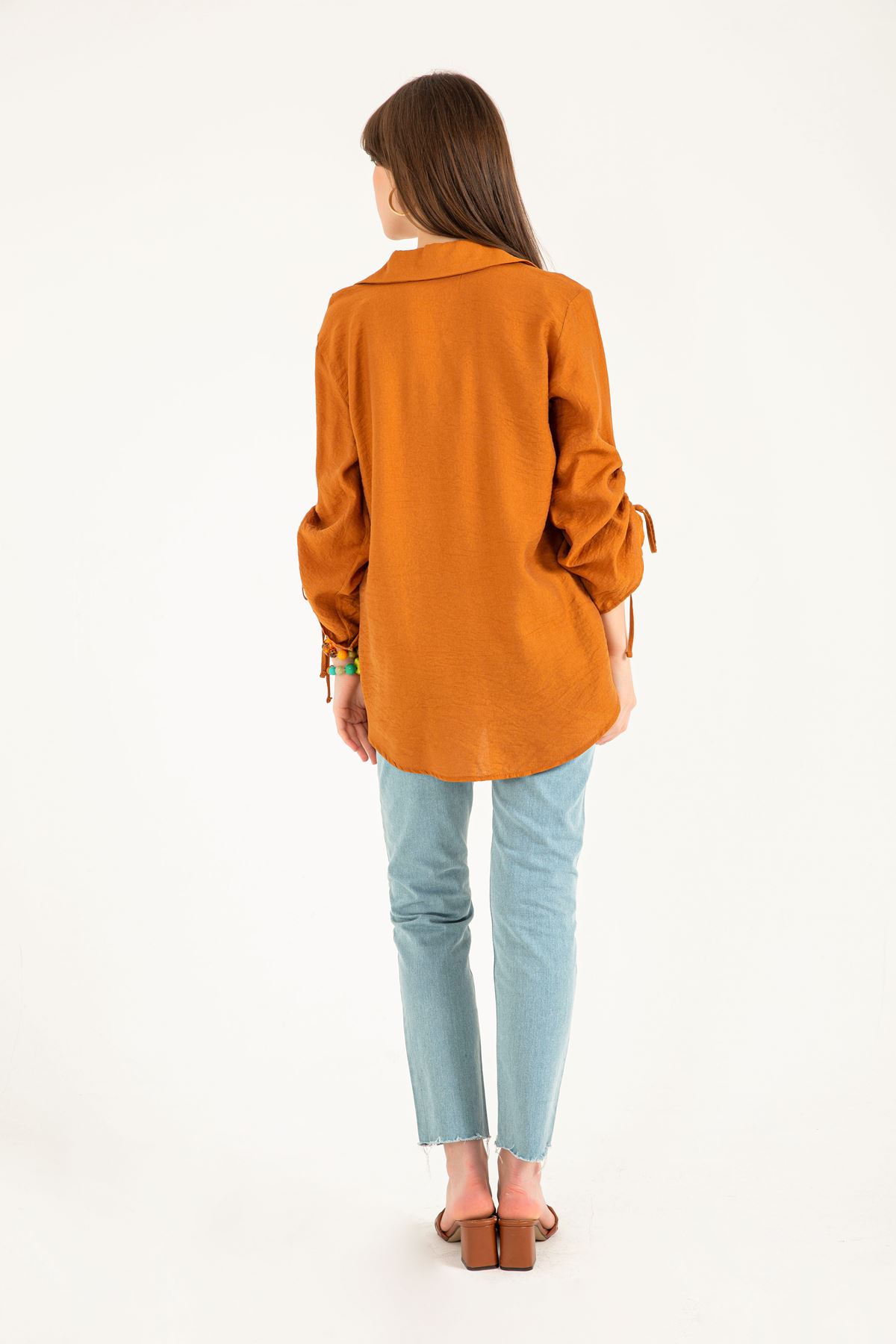 Linen Fabric Sleeve Detailed Oversize Women Shirt - Brick 