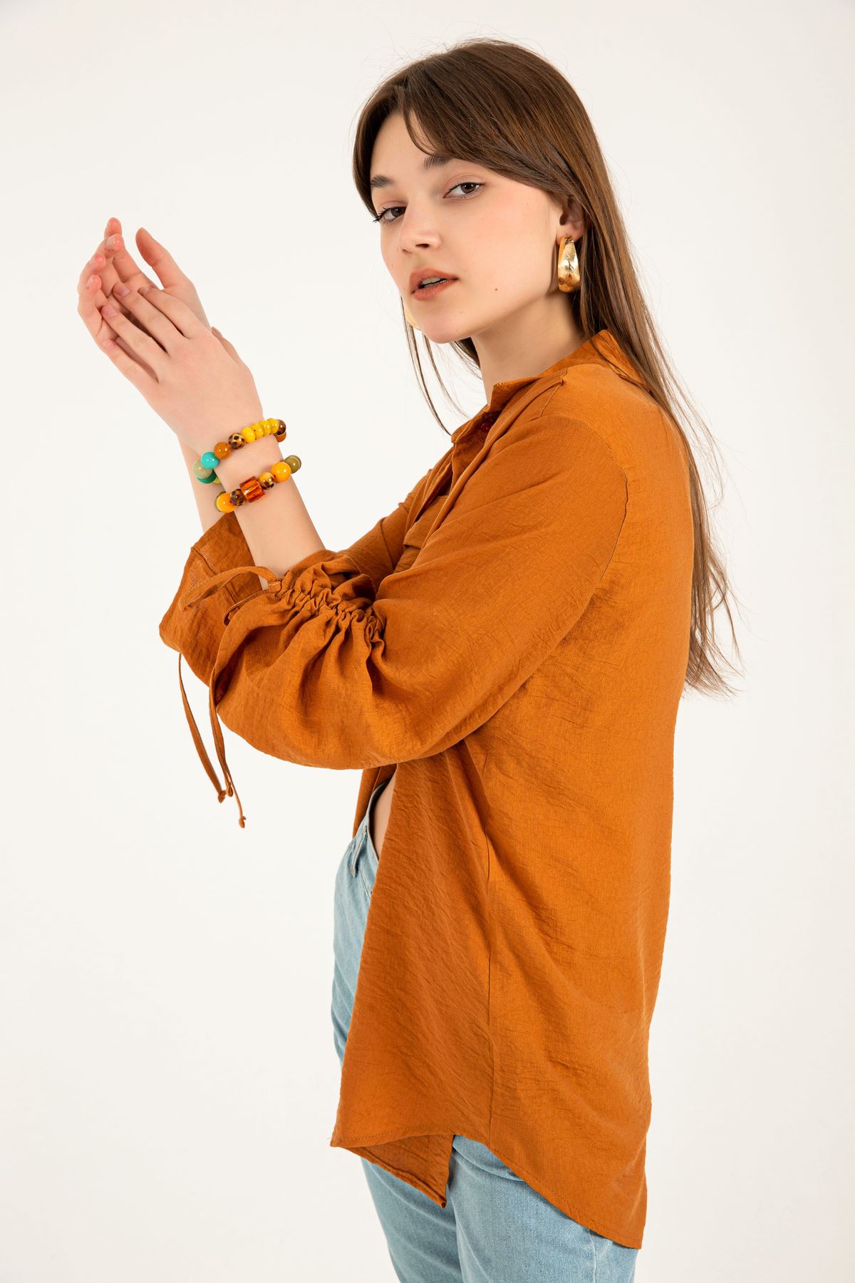 Linen Fabric Sleeve Detailed Oversize Women Shirt - Brick 