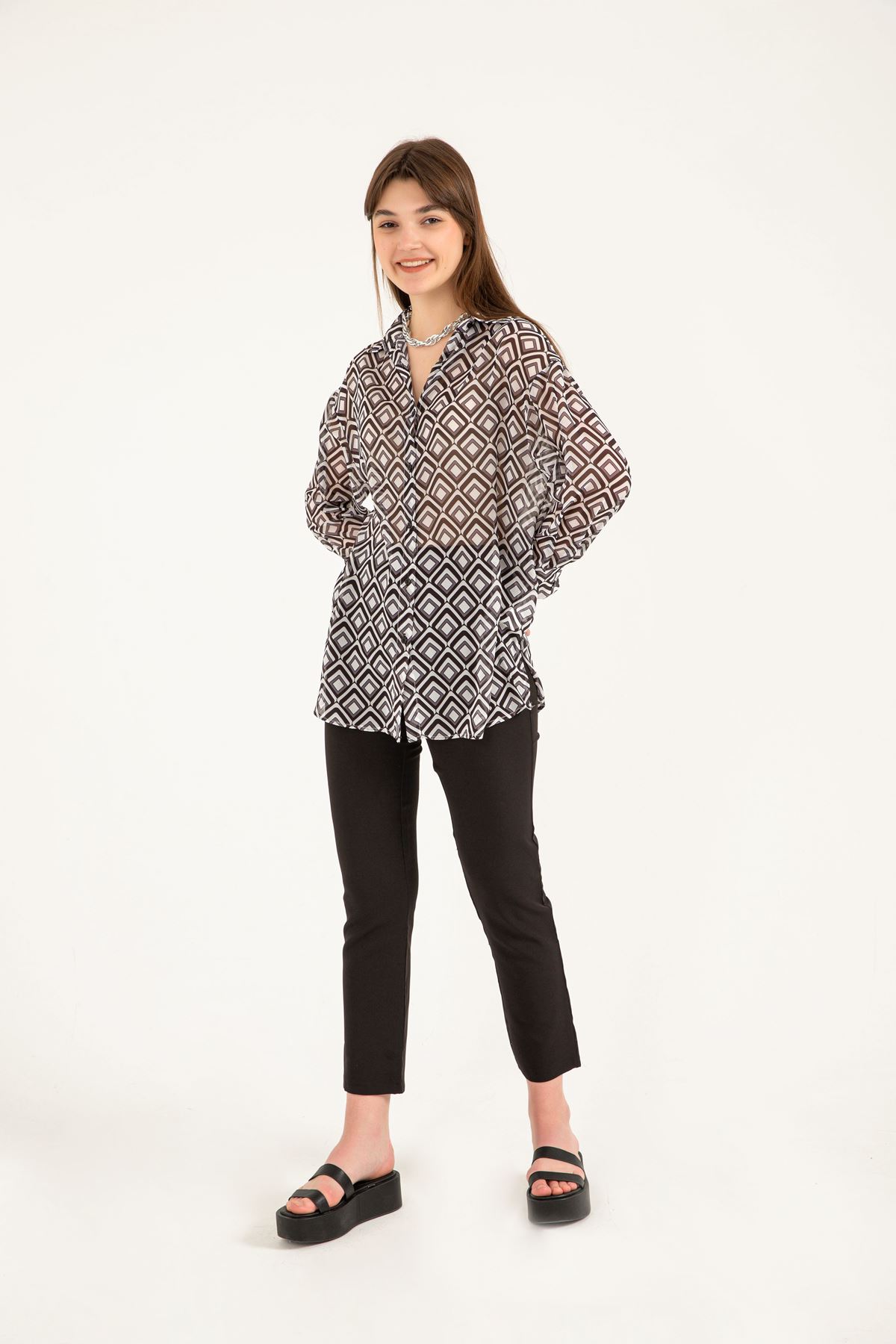 Chiffon Fabric Full Fit Geometric Pattern Women Shirt - Black