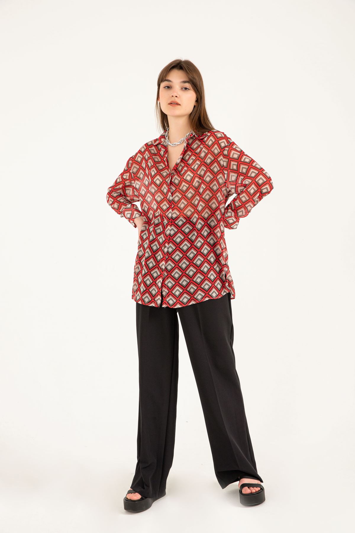 Chiffon Fabric Full Fit Geometric Pattern Women Shirt-Red