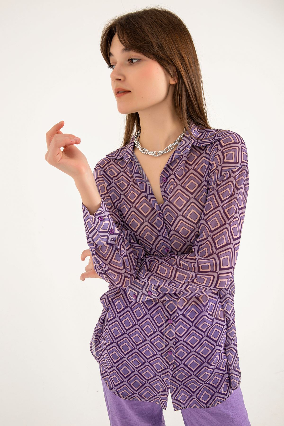 Chiffon Fabric Full Fit Geometric Pattern Women Shirt - Lilac