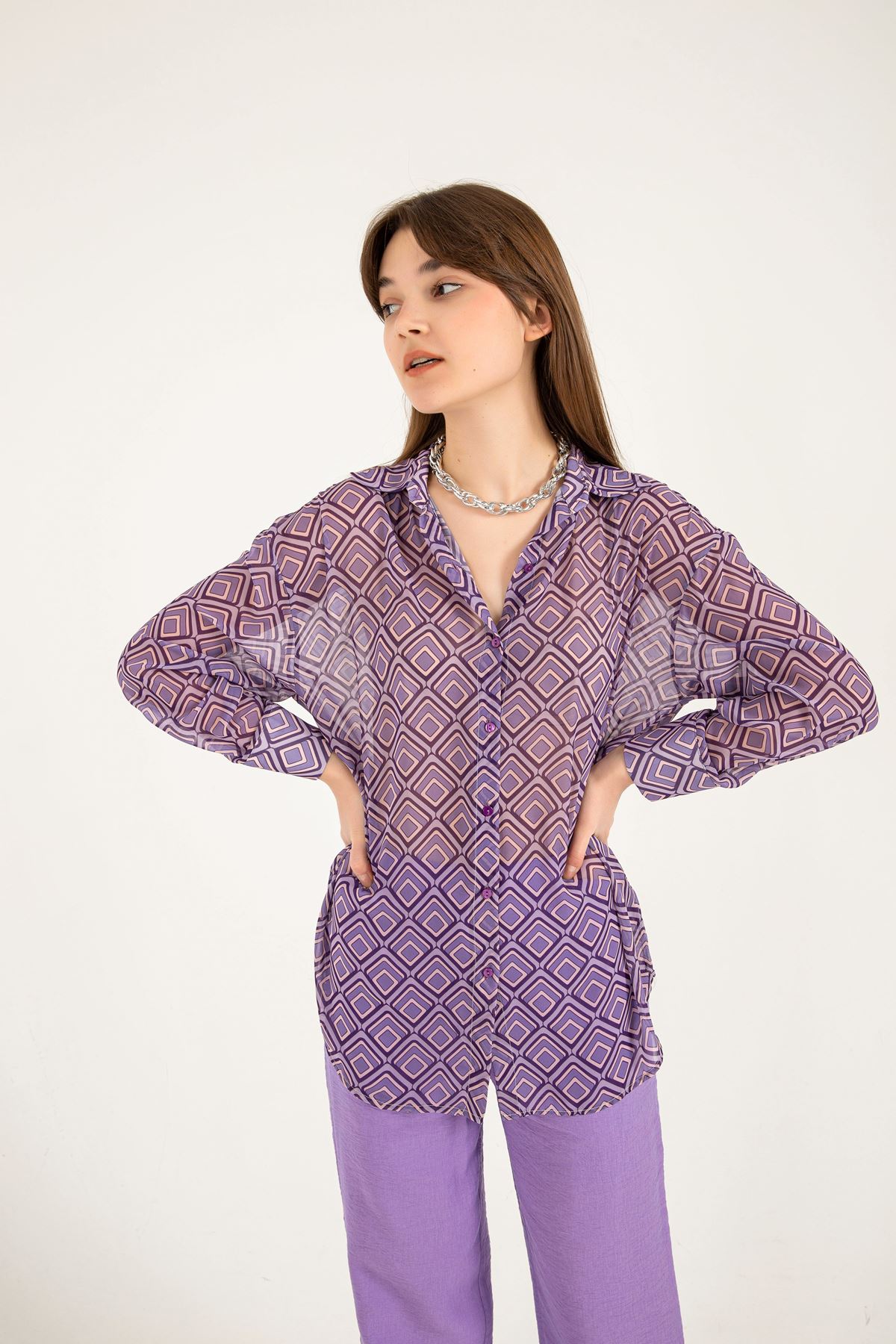 Chiffon Fabric Full Fit Geometric Pattern Women Shirt - Lilac