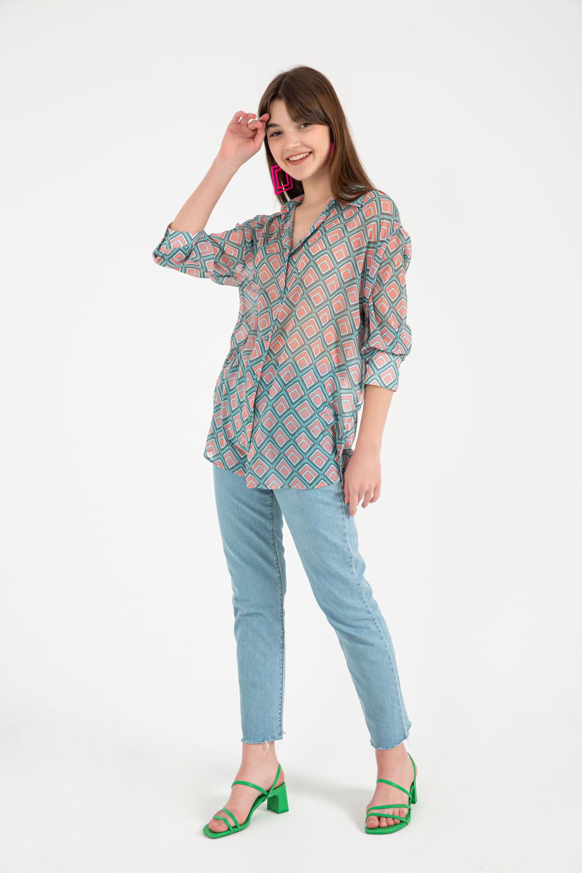 Chiffon Fabric Full Fit Geometric Pattern Women Shirt - Green
