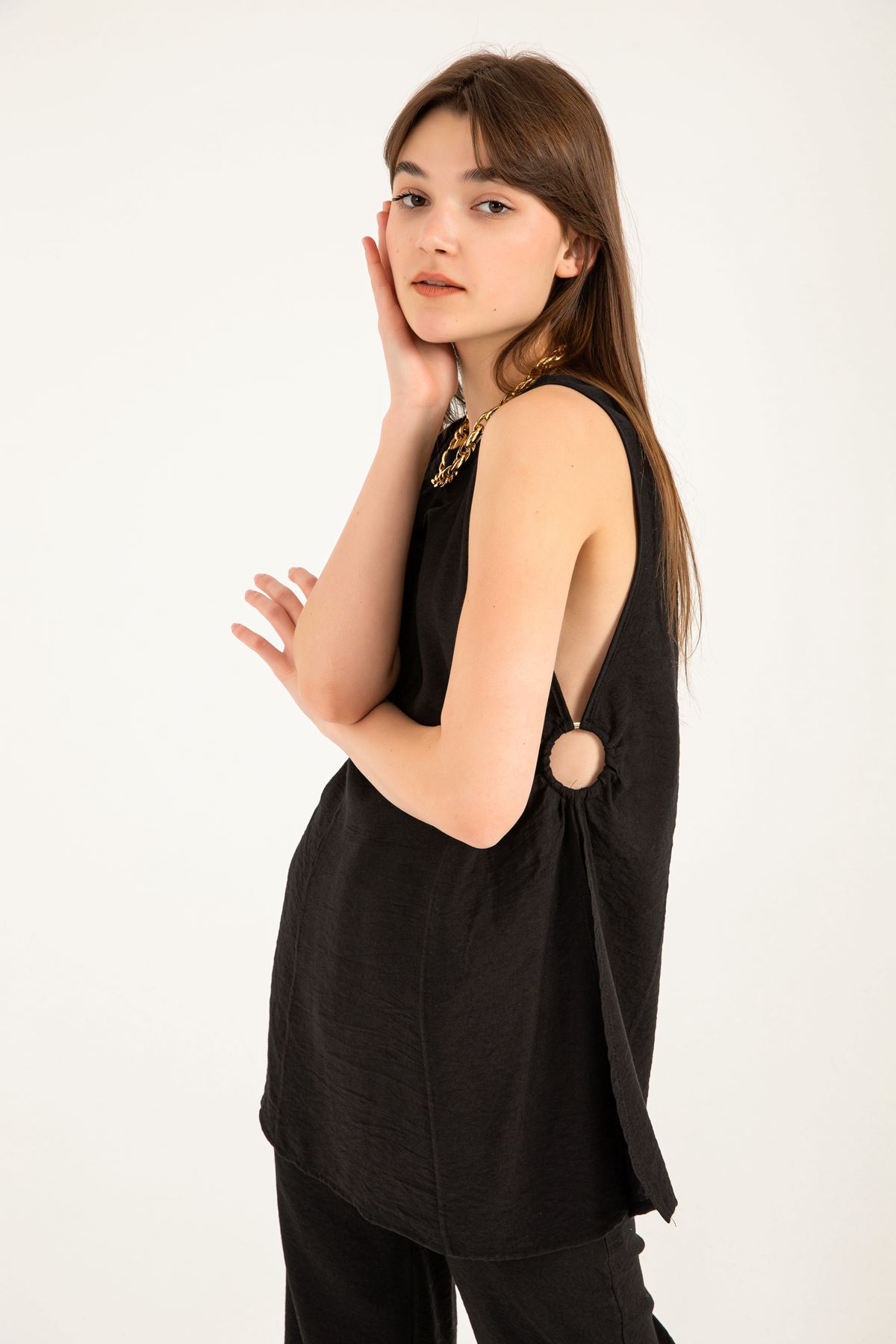 Linen Fabric Zero Neck Comfy Side detail Women Tunic-Чёрный