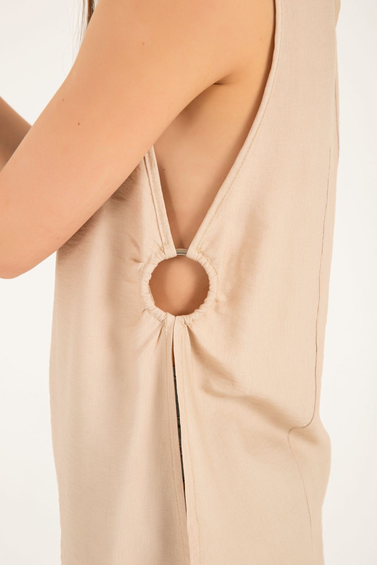 Linen Fabric Zero Neck Comfy Side detail Women Tunic - Beige 