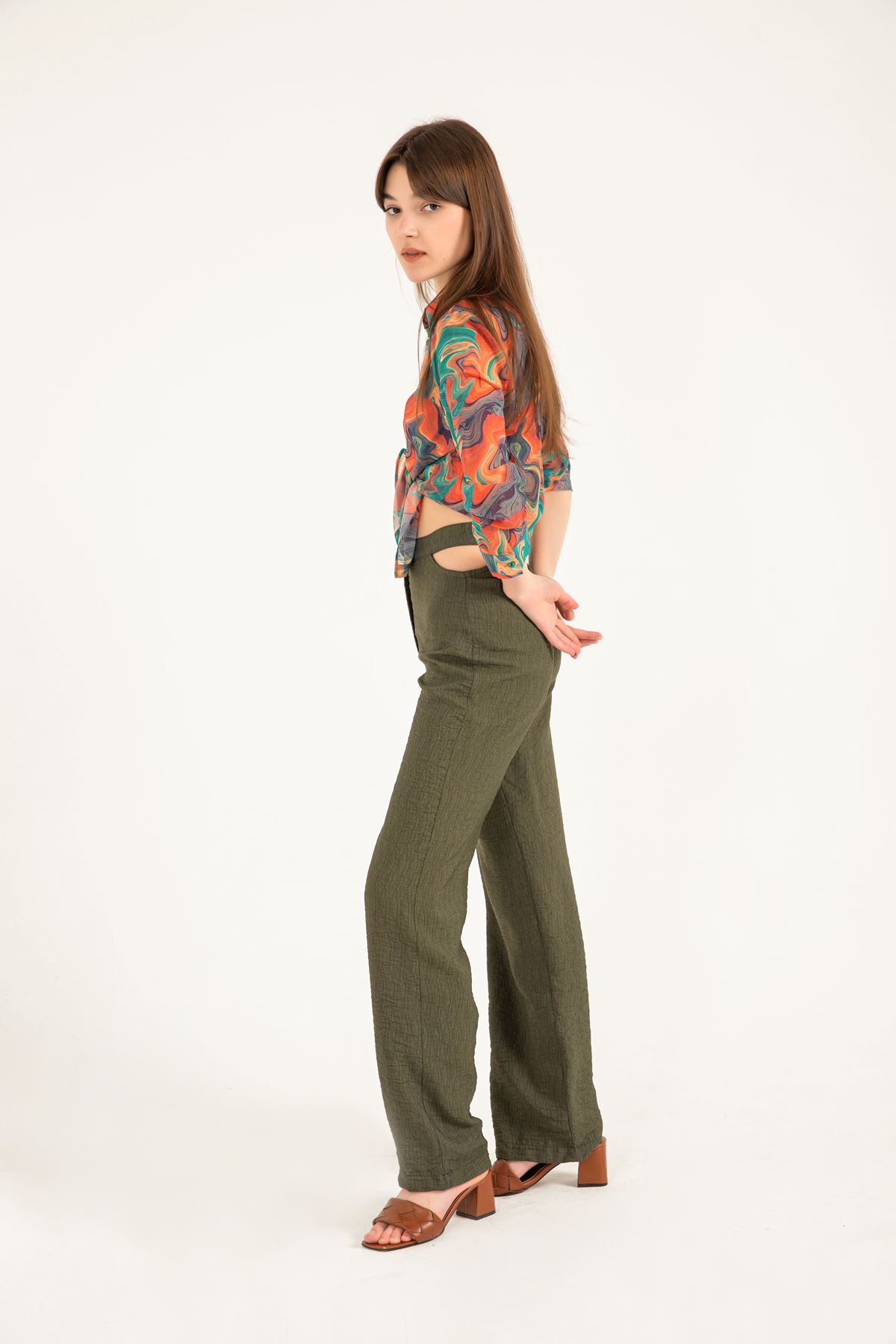 Linen Fabric Long Comfy Waist detailed Women Trouser - Khaki 