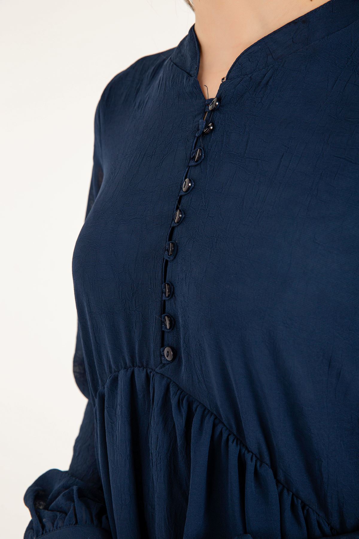 Chiffon Fabric Band Neck Full Fit Women Dress - Navy Blue 