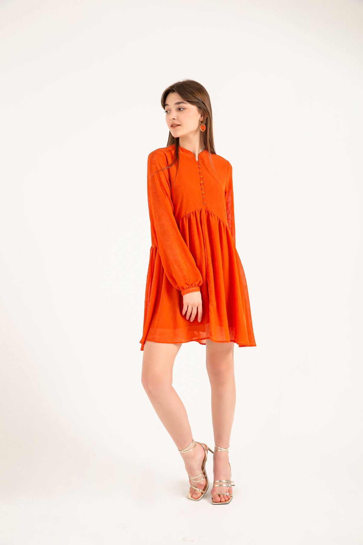 فستان نسائي قماش شيفون ياقة قصير قالب مريح - برتقالي