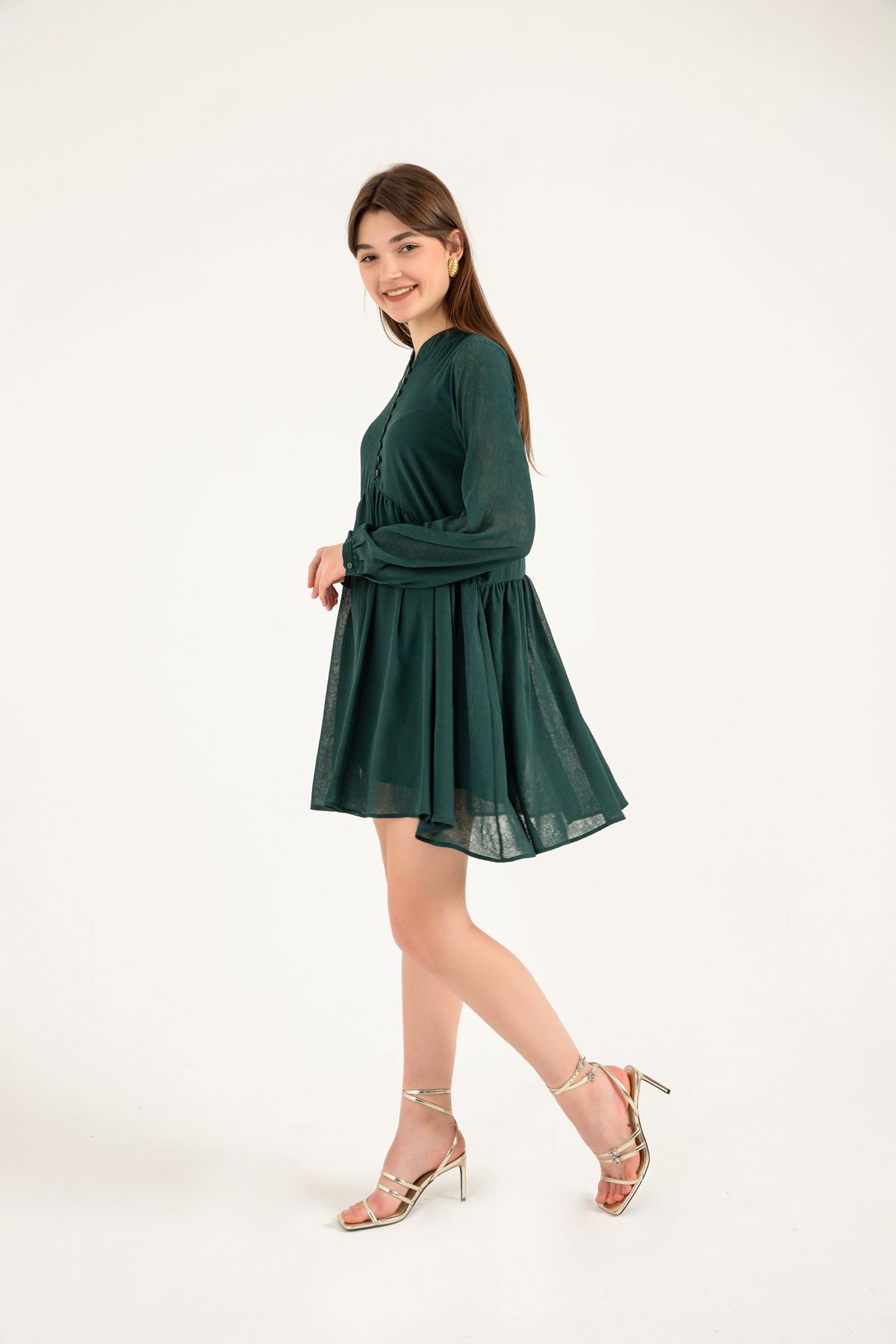 فستان نسائي قماش شيفون ياقة قصير قالب مريح - زمرد-اخضر