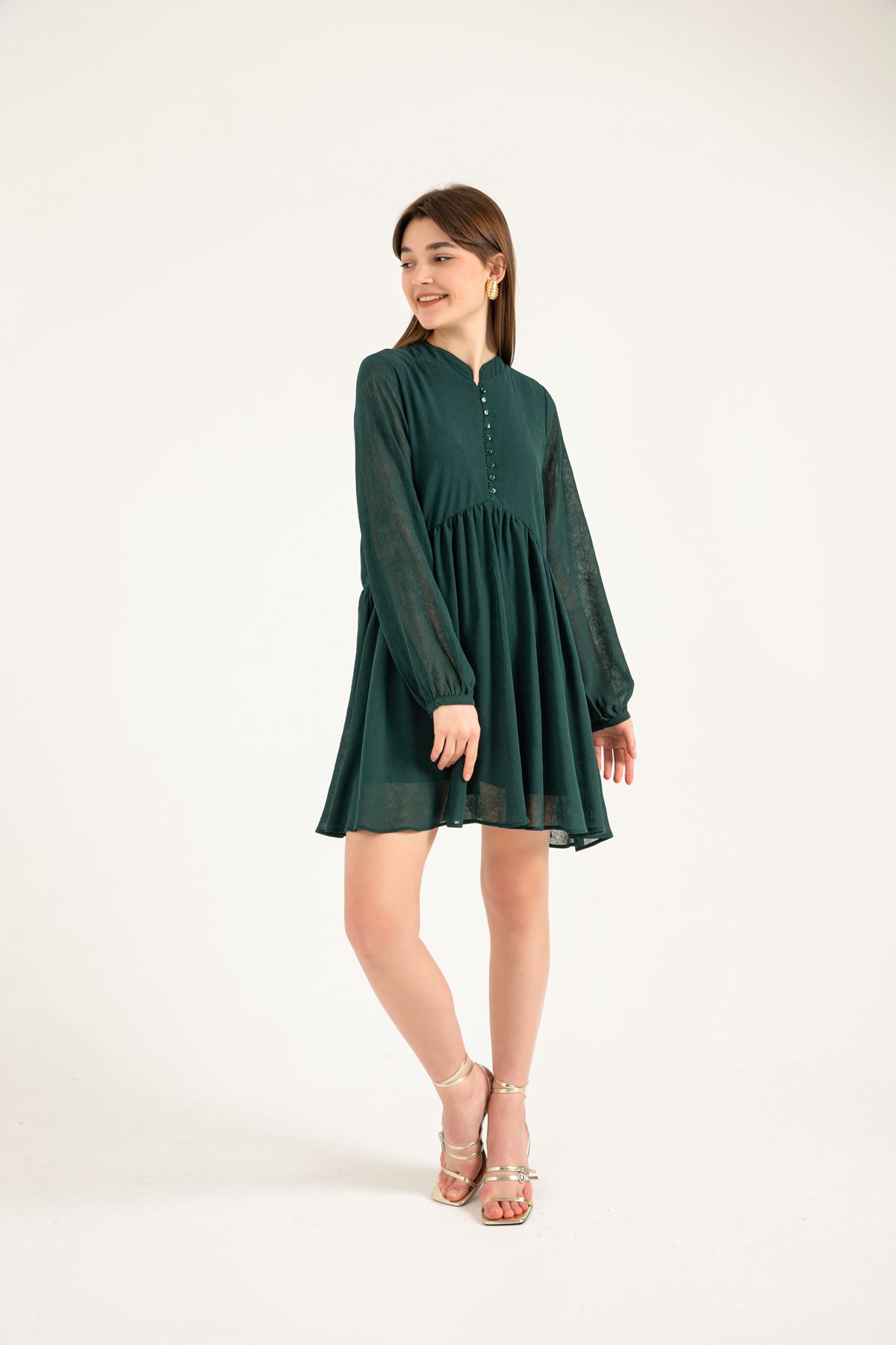 فستان نسائي قماش شيفون ياقة قصير قالب مريح - زمرد-اخضر