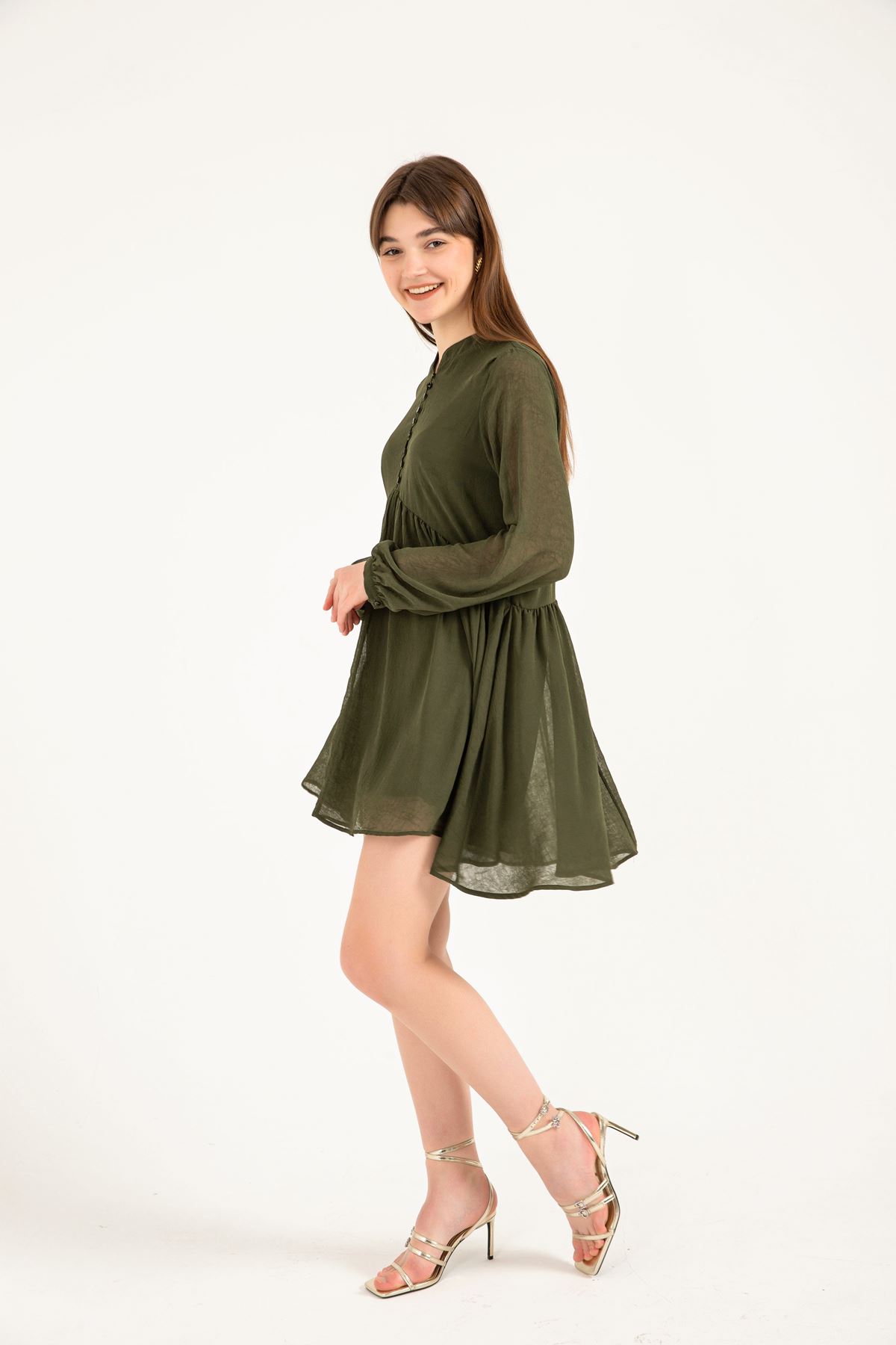 فستان نسائي قماش شيفون ياقة قصير قالب مريح - اخضر غامق
