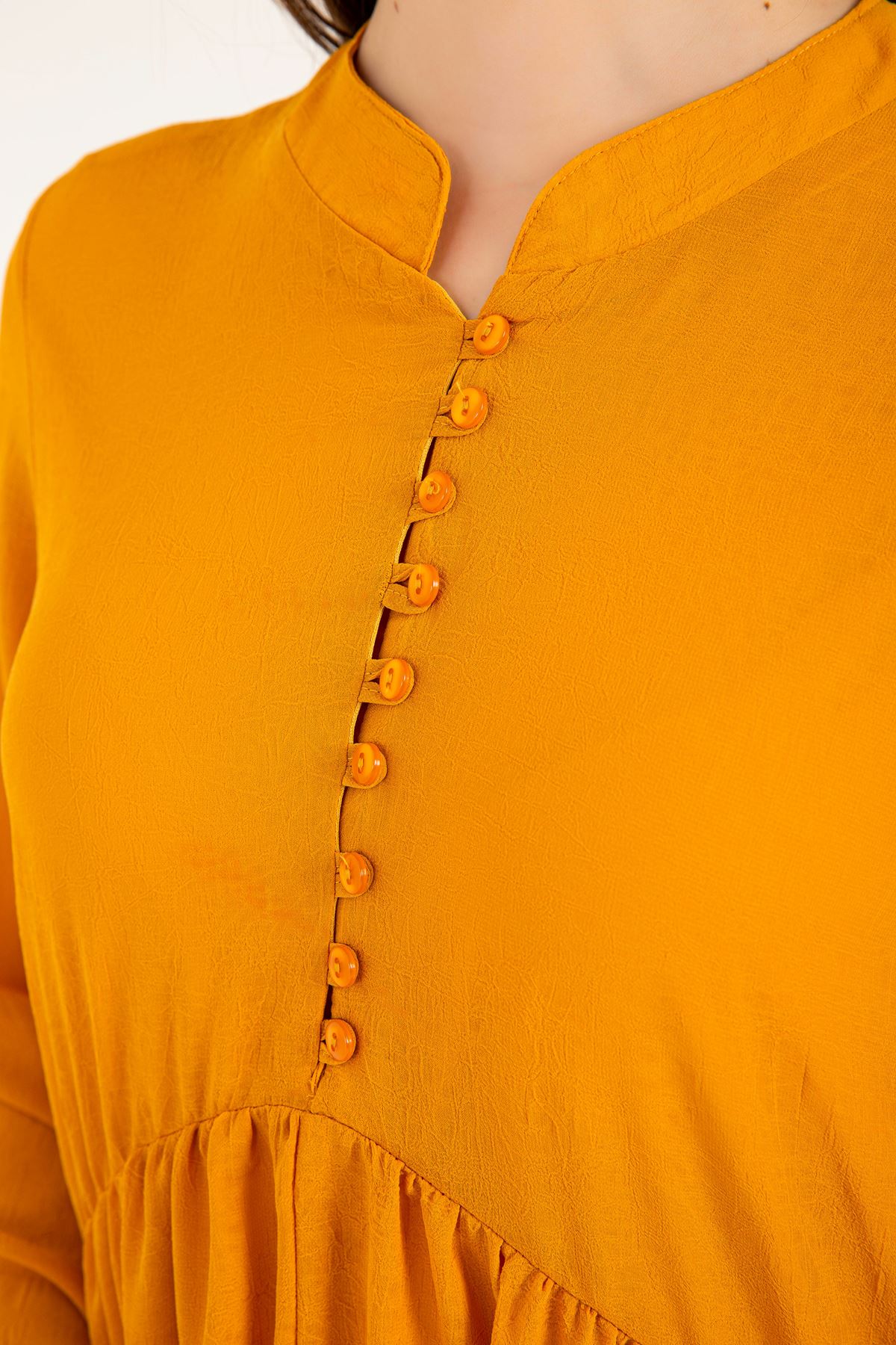Chiffon Fabric Band Neck Full Fit Women Dress - Mustard