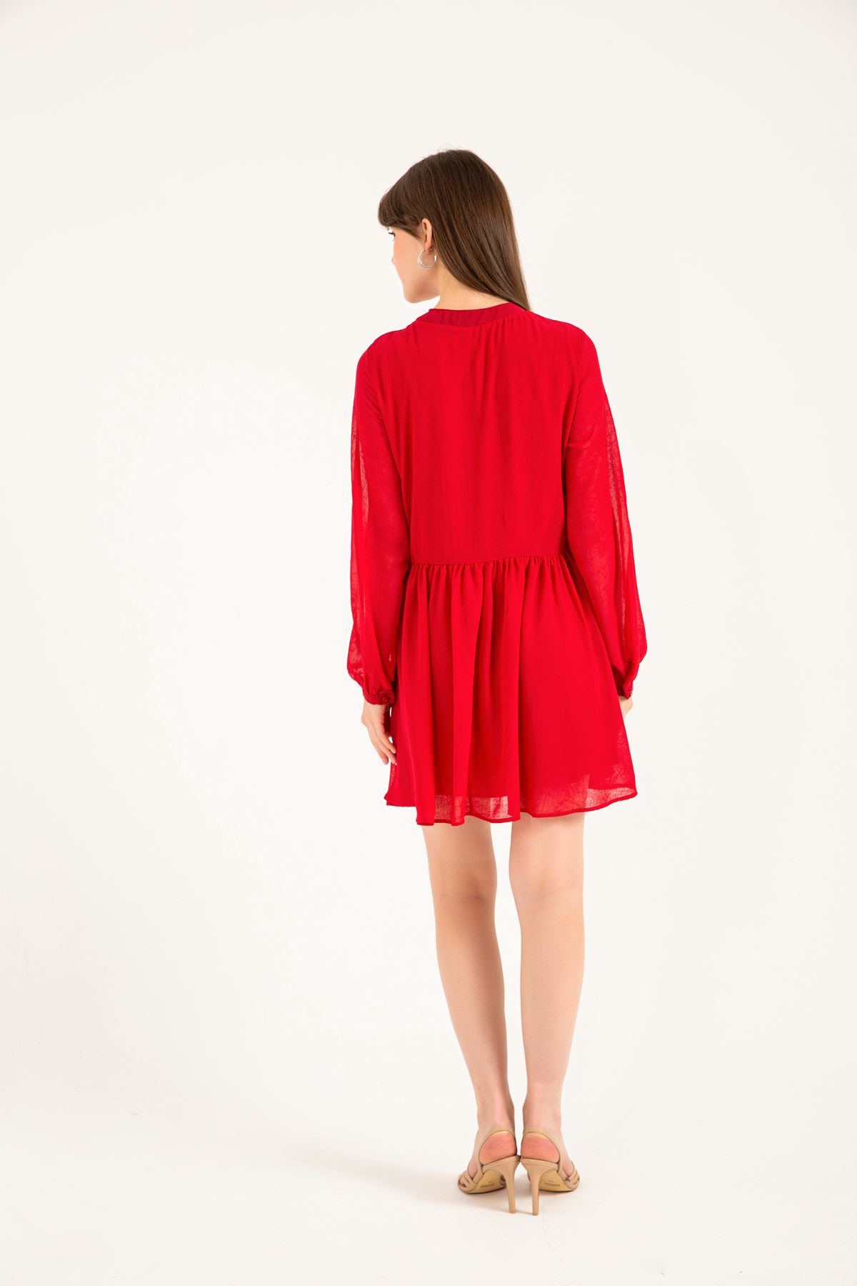 шифон ткань  свободный покрой короткое женское платье-Kрасный