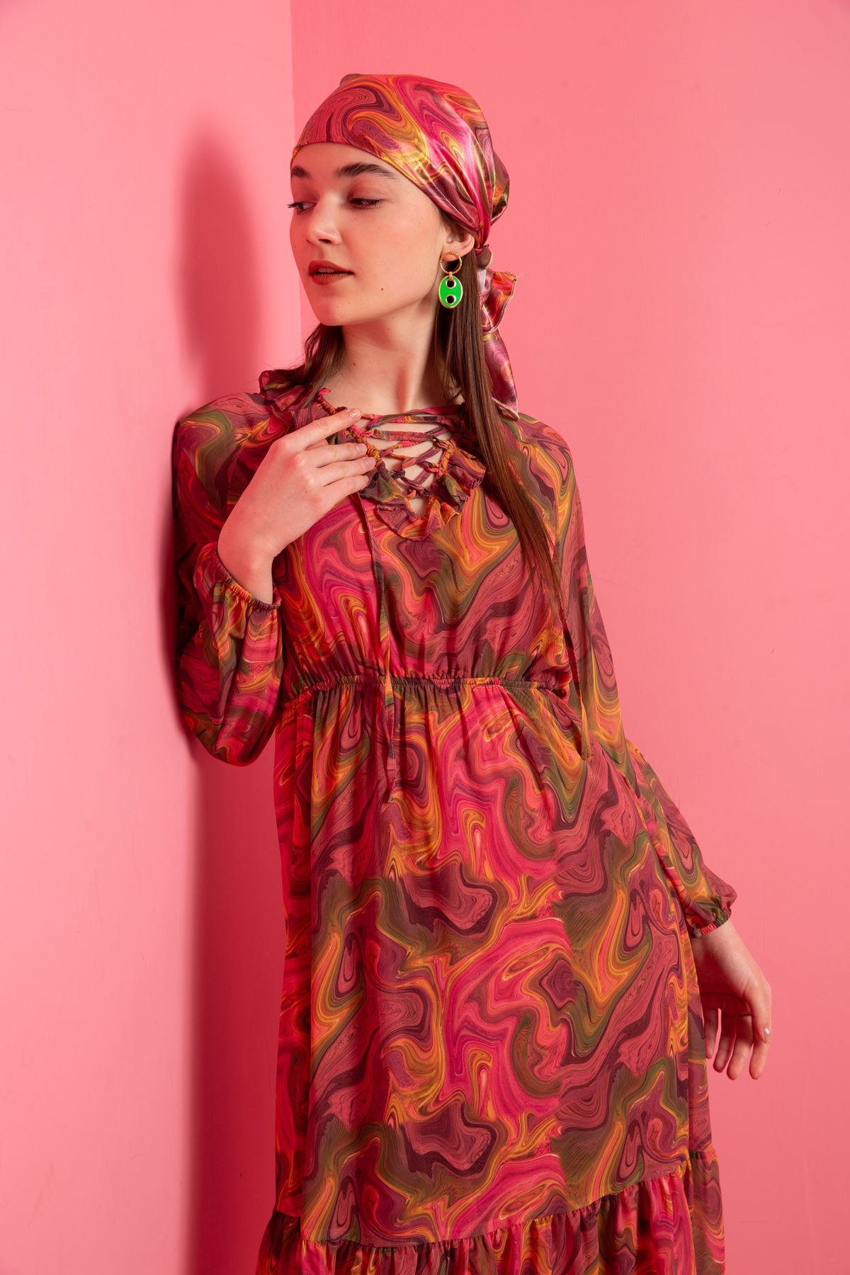 Chiffon Fabric Long A Cut Neck Detailed Women Dress - Pink
