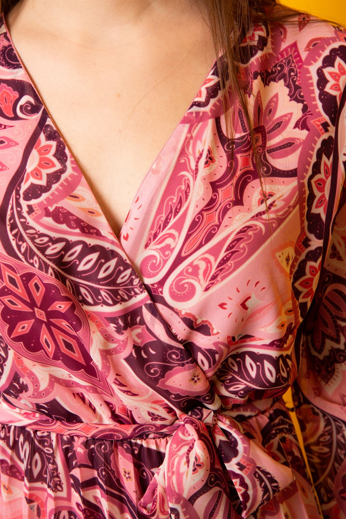 шифон ткань на запах пейсли принт женское платье-Розовый