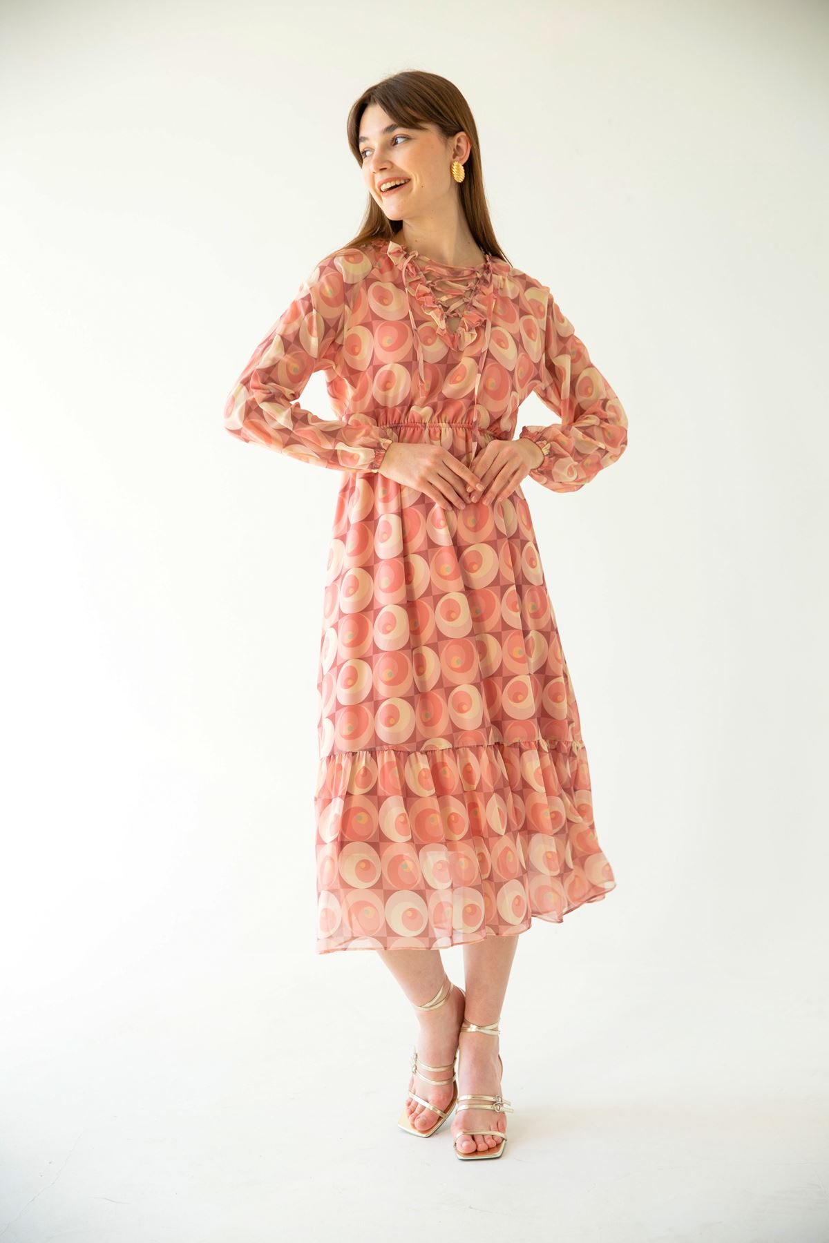 Chiffon Fabric Tied Neck Geometric Pattern Women Dress - Pink
