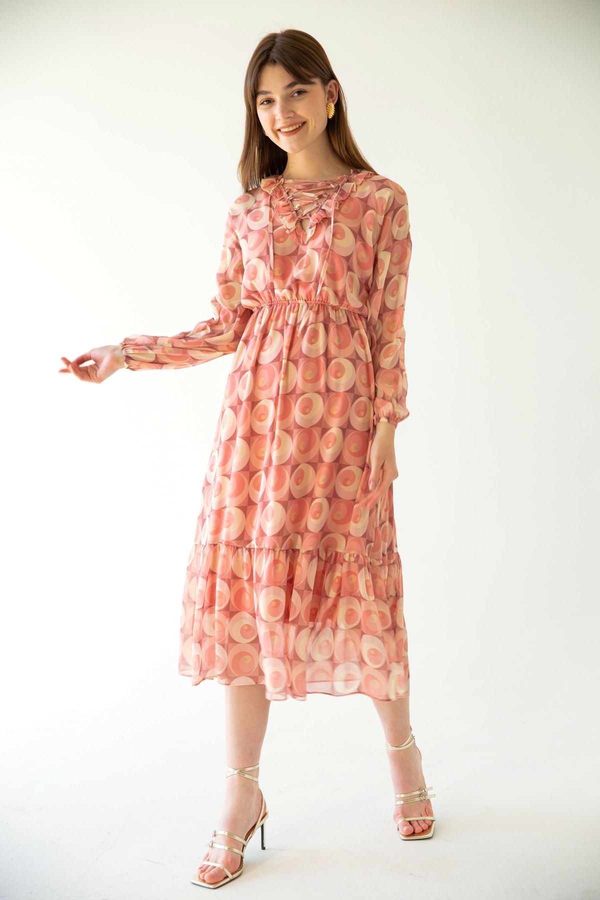 Şifon Kumaş Bağlamalı Yaka Geometrik Desen Kadın Elbise-Pembe