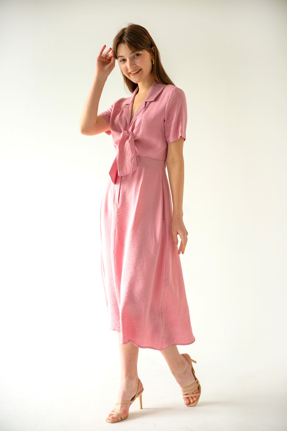 Base Quality Fabric Revere Collar Tied Long Dress - Rose 