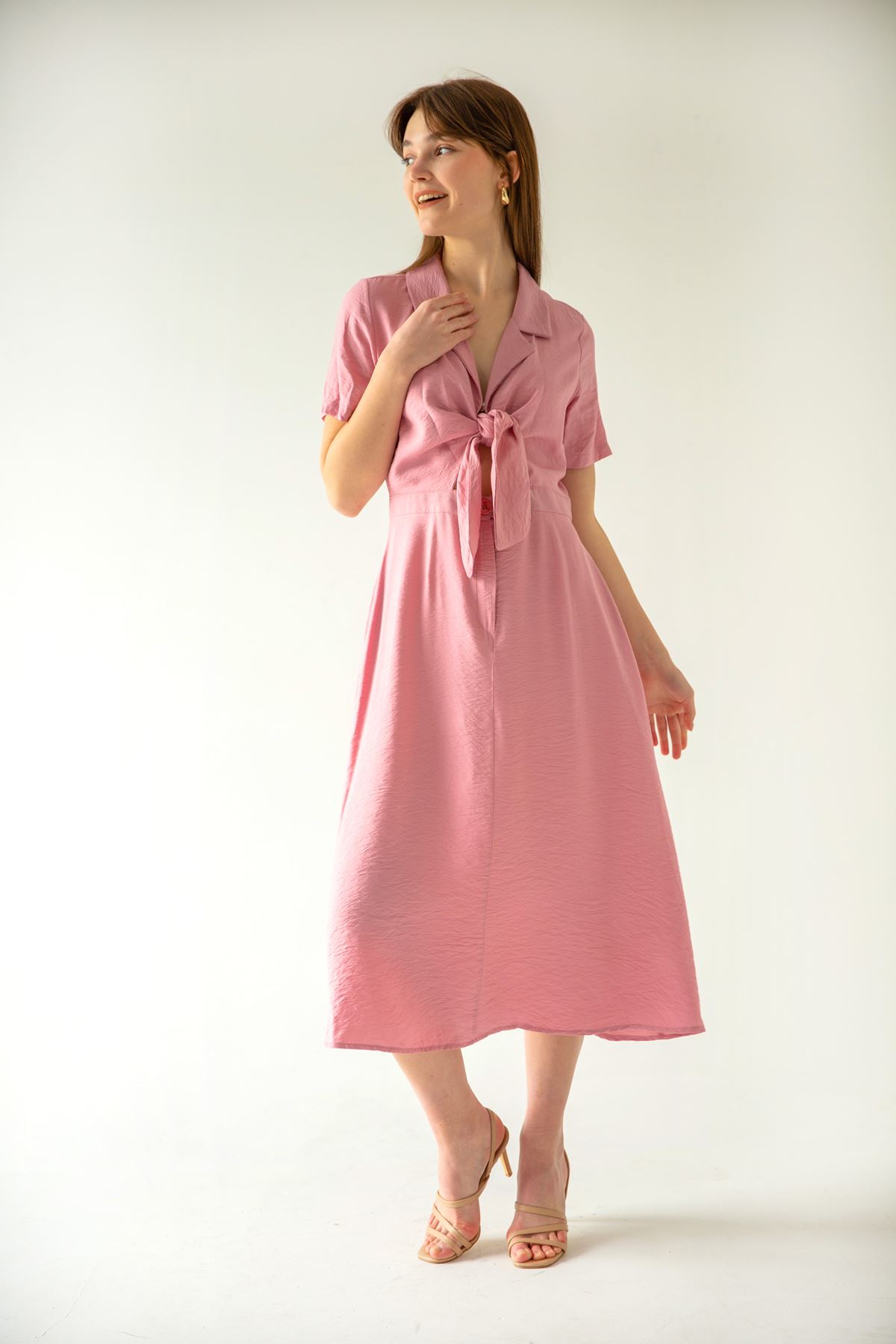 Base Quality Fabric Revere Collar Tied Long Dress - Rose 