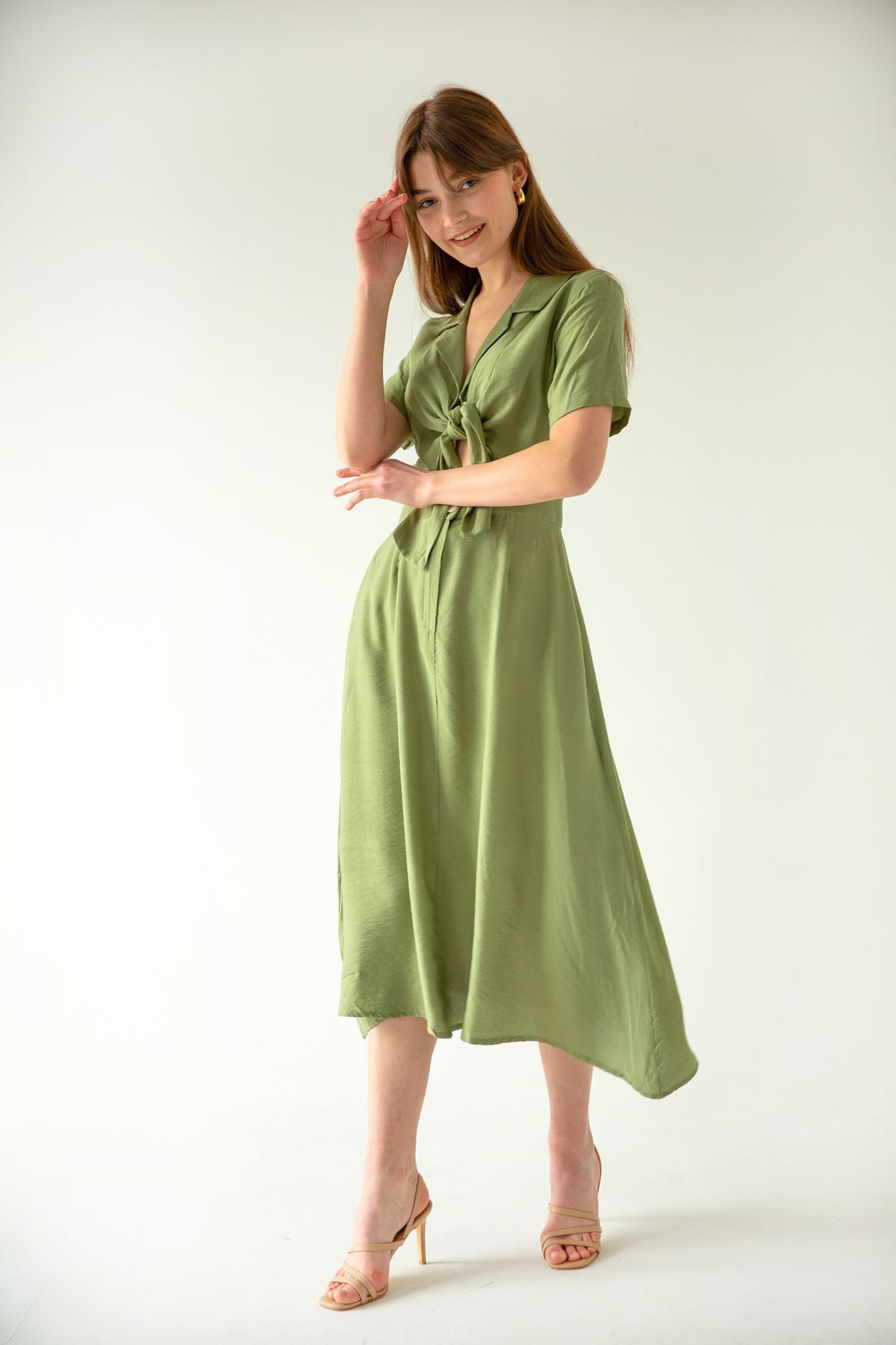 Base Quality Fabric Revere Collar Tied Long Dress - Mint