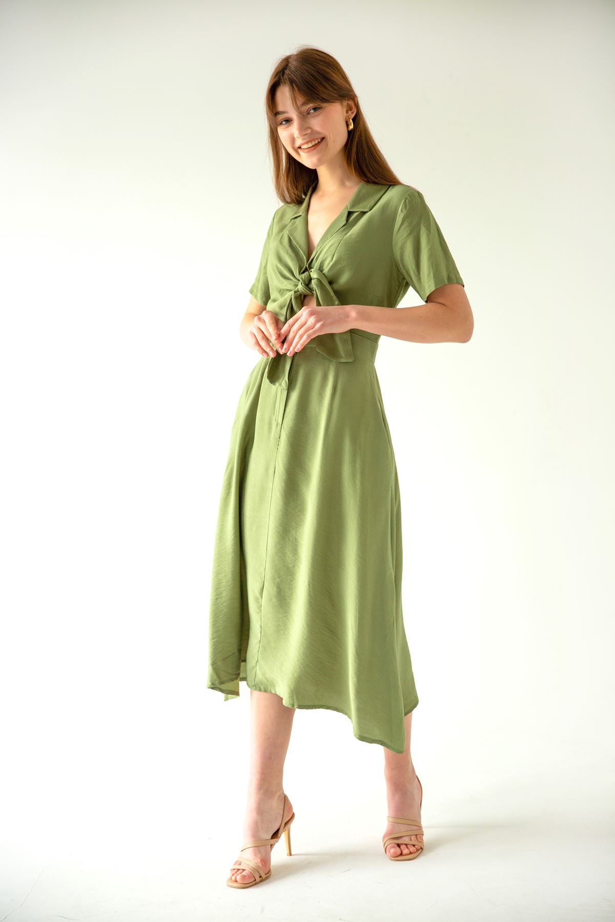 Base Quality Fabric Revere Collar Tied Long Dress - Mint