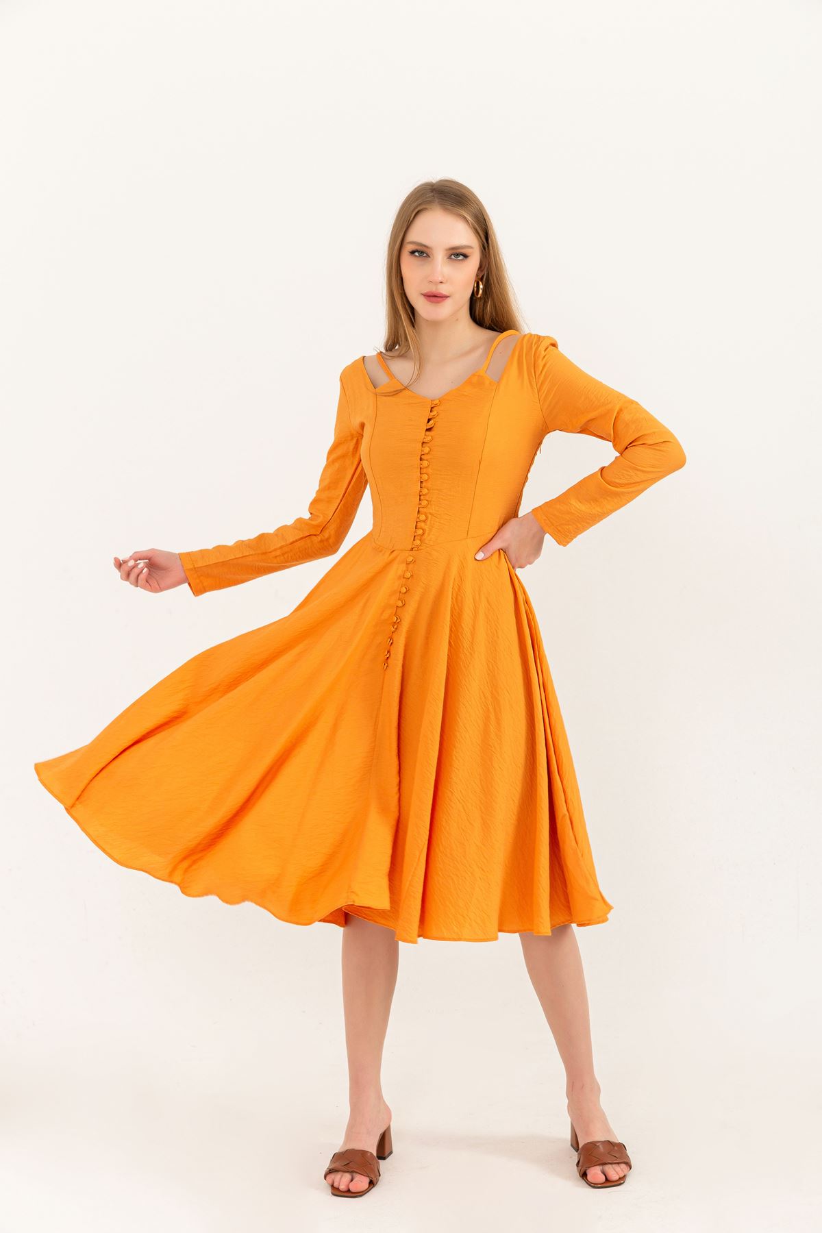 Seda Keten Kumaş Önü Düğmeli Askı Detaylı  Kadın Elbise-Oranj