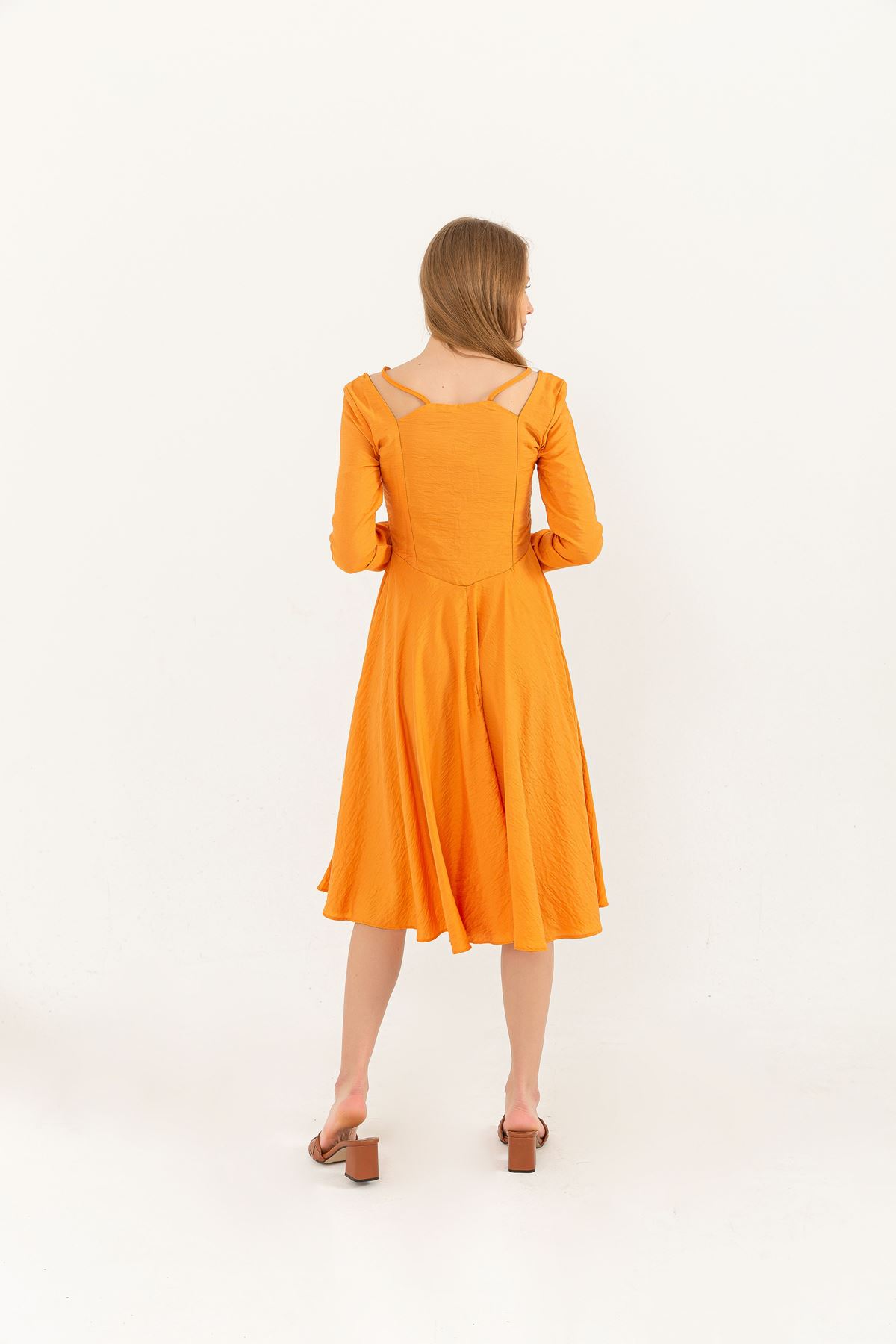 льняная ткань женское платье на пуговицах-Оранжевый