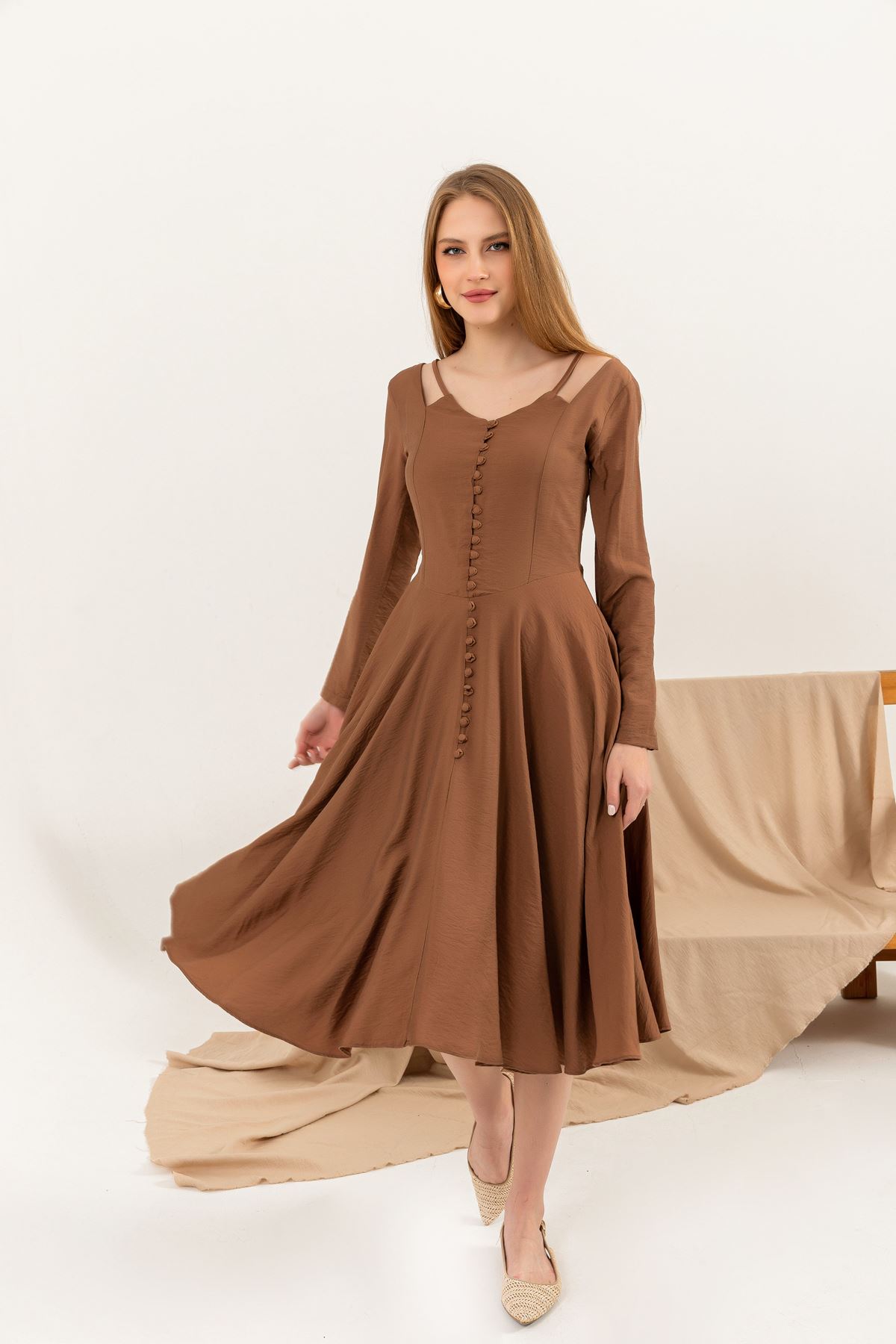 Chiffon Fabric Long Sleeve V-Neck Long Layer Women Dress-Brown