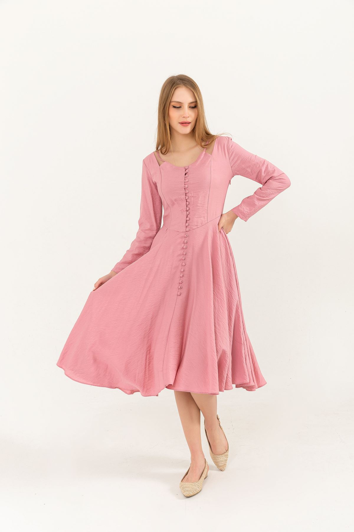 льняная ткань женское платье на пуговицах-Розовый
