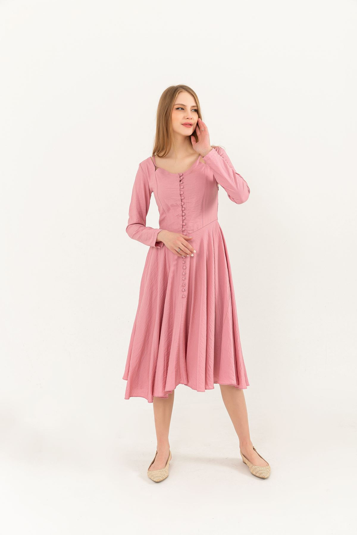 льняная ткань женское платье на пуговицах-Розовый