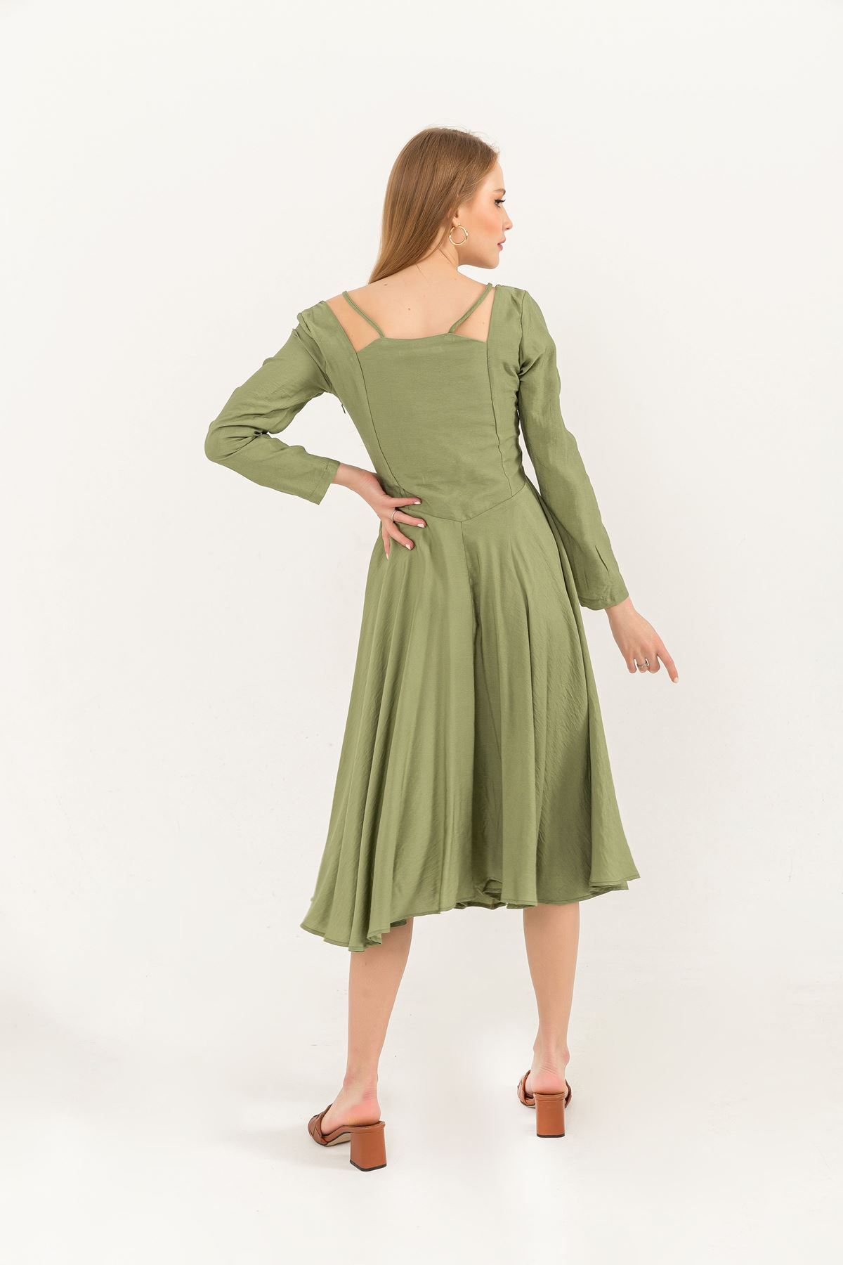 Seda Keten Kumaş Önü Düğmeli Askı Detaylı  Kadın Elbise-Mint